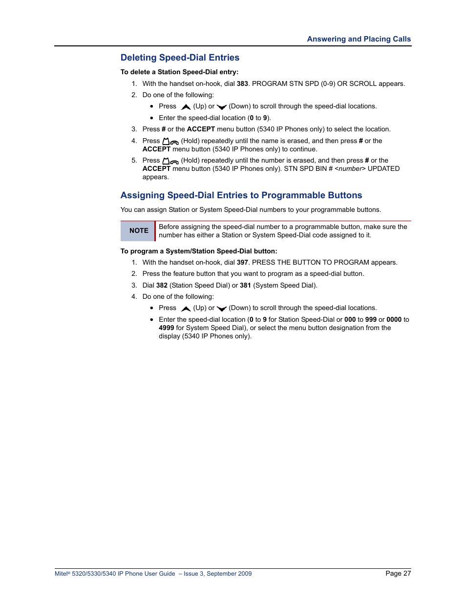 Deleting speed-dial entries | Mitel 5320 User Manual | Page 41 / 84