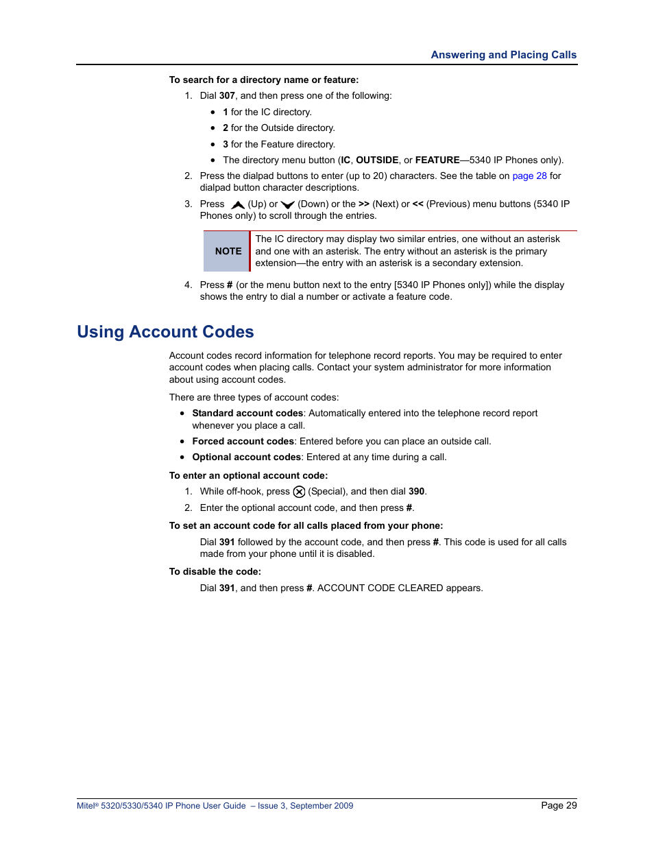 Using account codes, E “using account codes” on | Mitel 5320 User Manual | Page 43 / 84