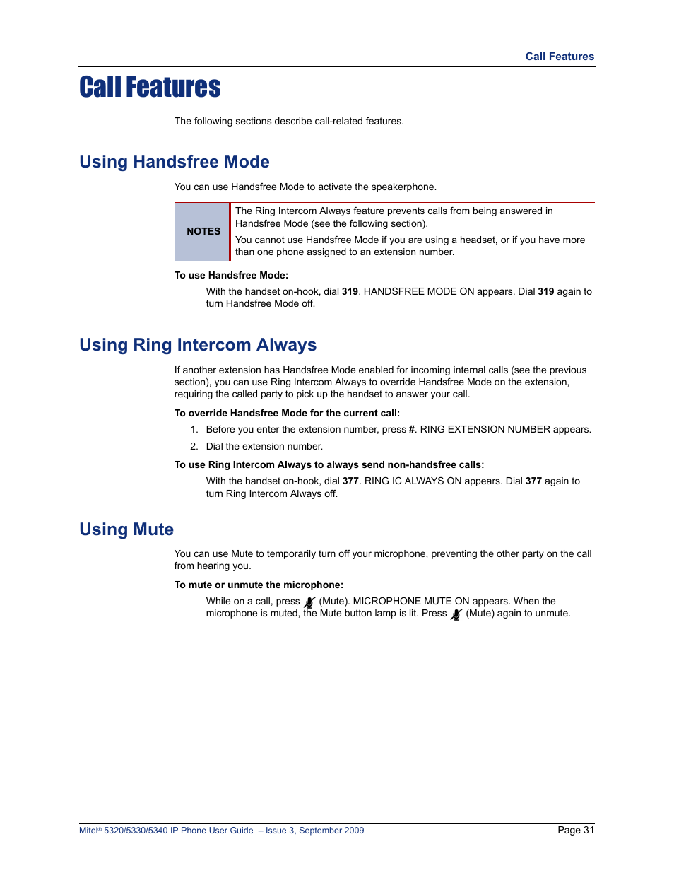 Call features, Using handsfree mode, Using ring intercom always | Using mute, D “using handsfree mode” on, E “using handsfree mode” on, Using handsfree mode” on | Mitel 5320 User Manual | Page 45 / 84