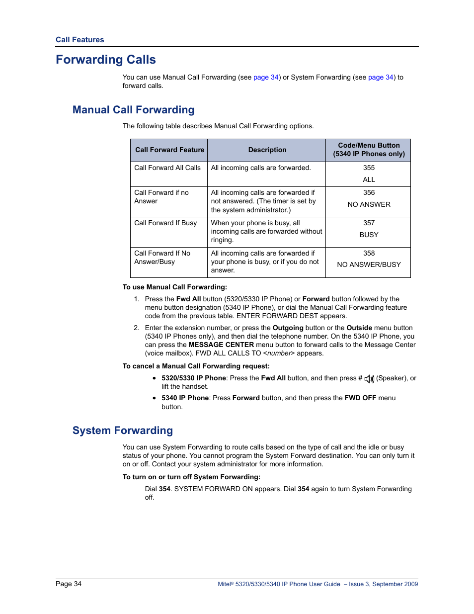 Forwarding calls, Manual call forwarding, System forwarding | Manual call forwarding system forwarding, E “manual call forwarding” on, System forwarding” on | Mitel 5320 User Manual | Page 48 / 84