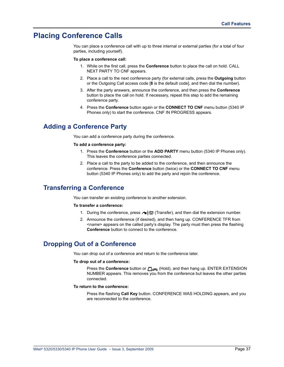 Placing conference calls, Adding a conference party, Transferring a conference | Dropping out of a conference | Mitel 5320 User Manual | Page 51 / 84