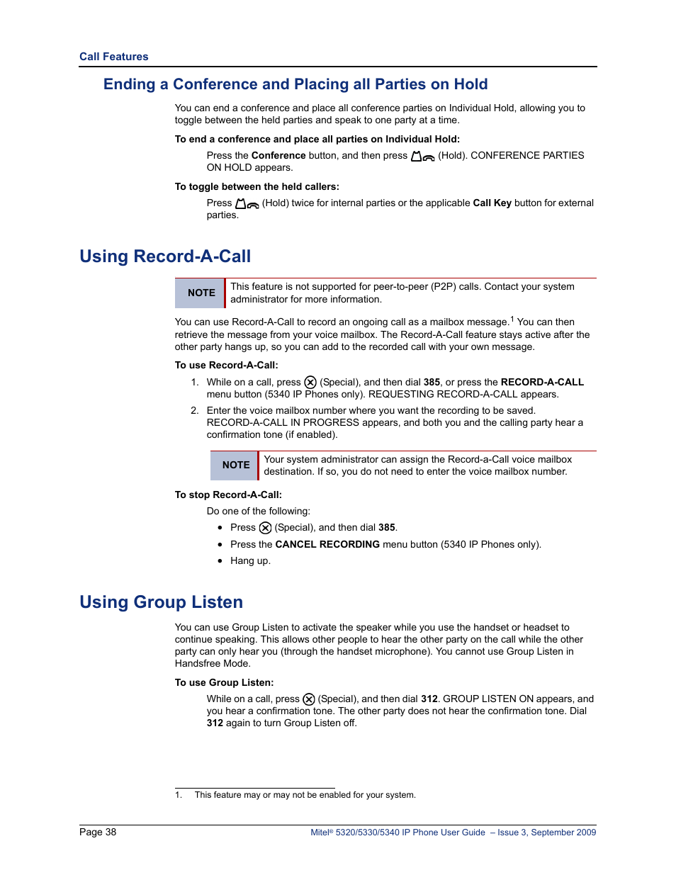 Using record-a-call, Using group listen | Mitel 5320 User Manual | Page 52 / 84