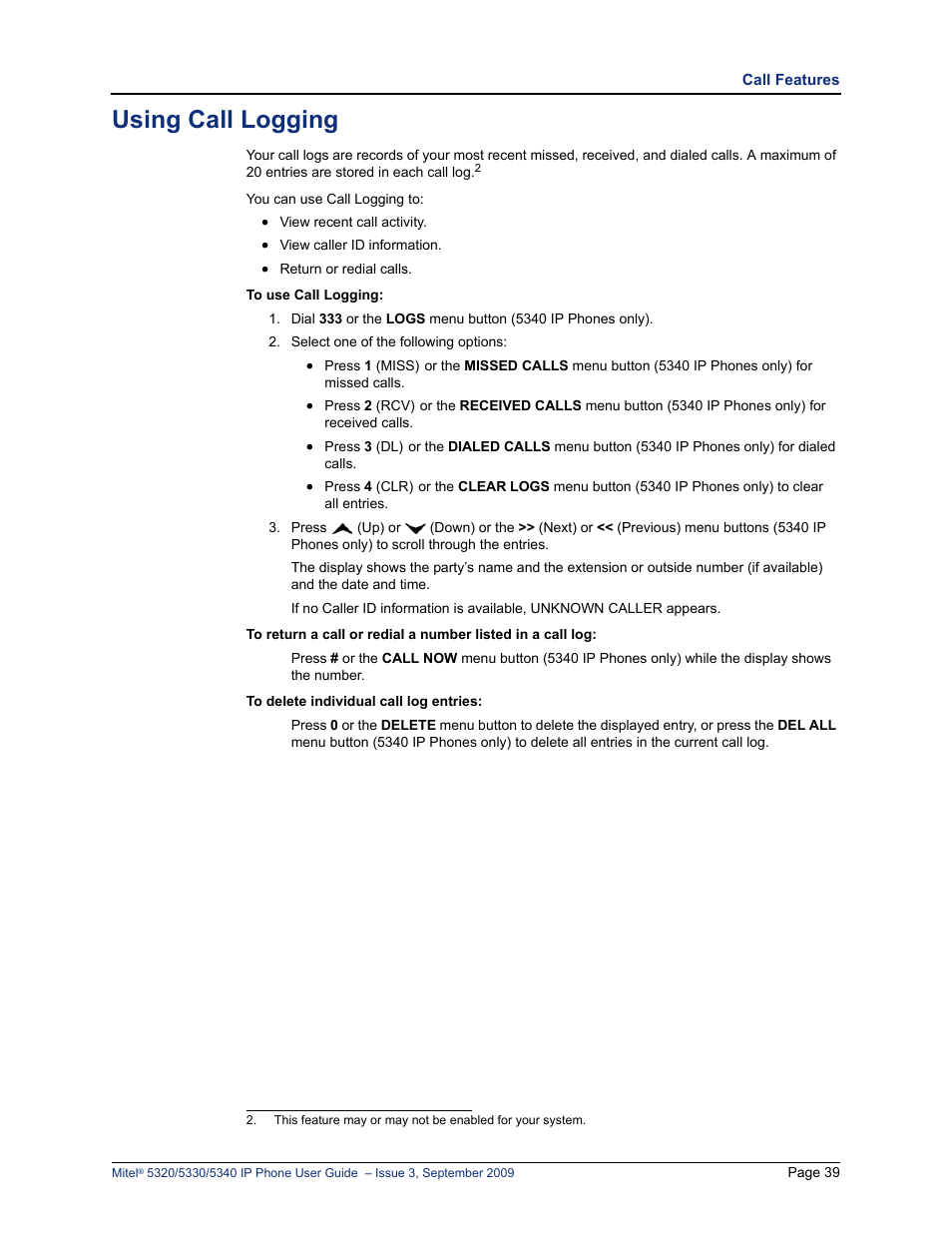 Using call logging | Mitel 5320 User Manual | Page 53 / 84