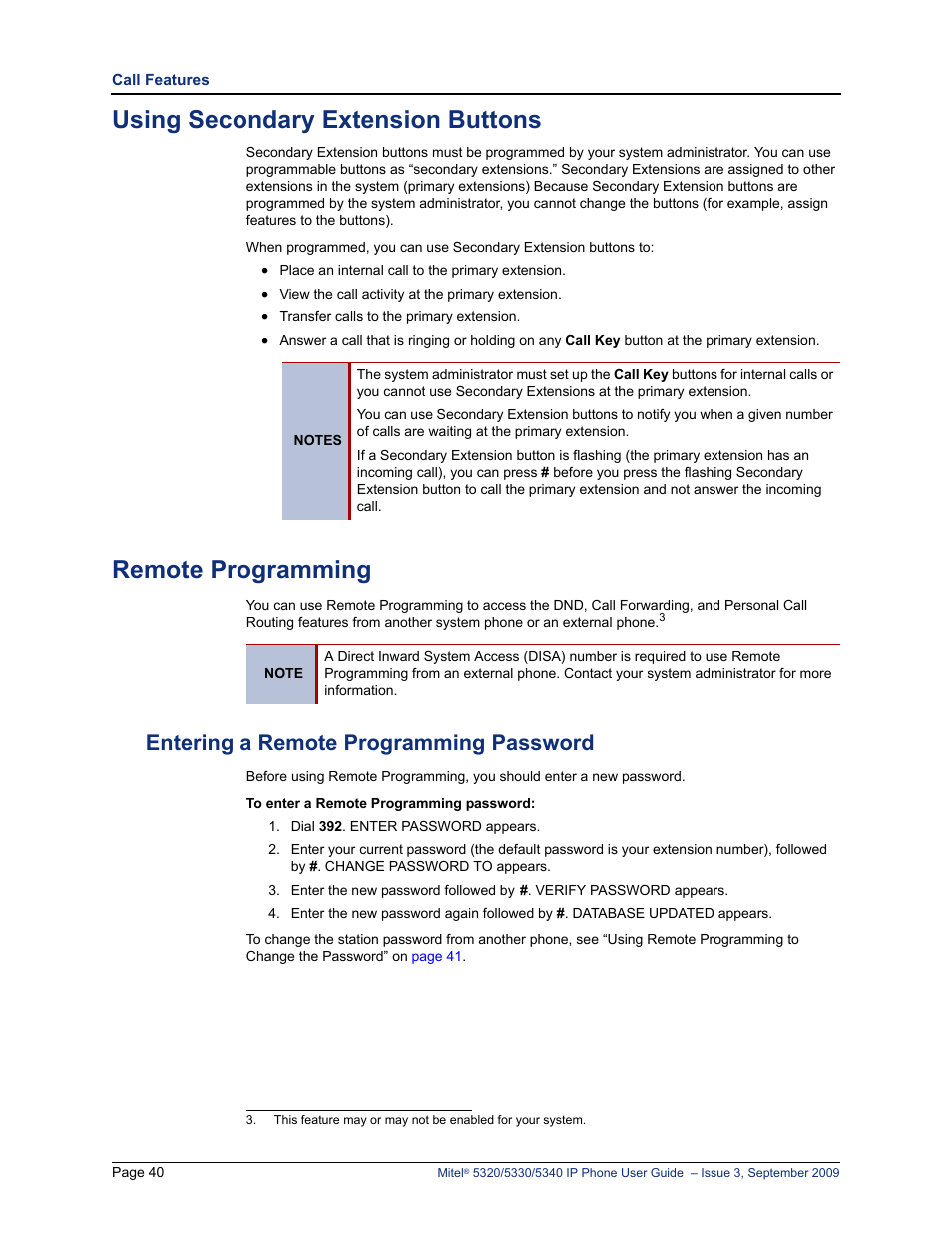 Using secondary extension buttons, Remote programming, Entering a remote programming password | Mitel 5320 User Manual | Page 54 / 84