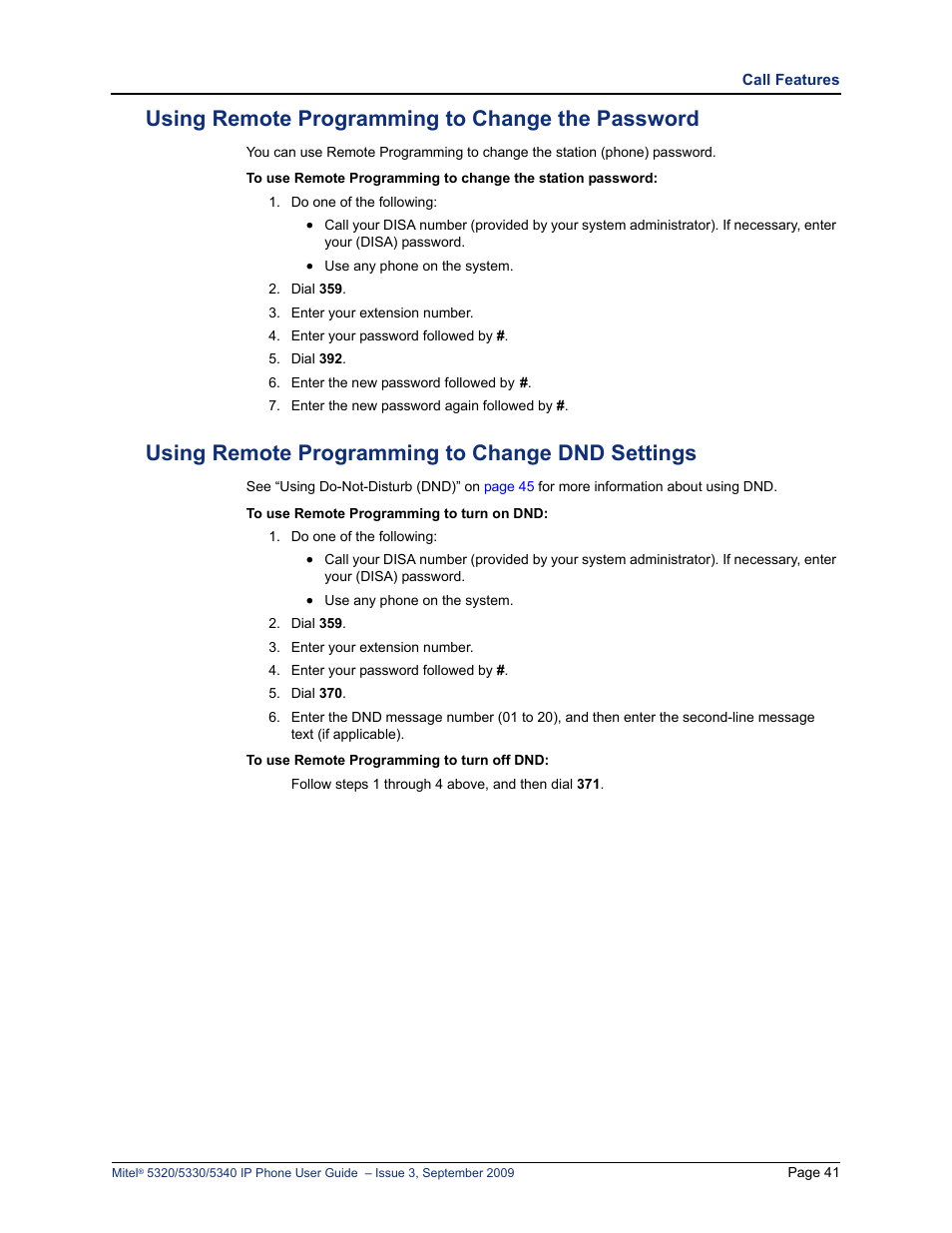 Using remote programming to change the password, Using remote programming to change dnd settings | Mitel 5320 User Manual | Page 55 / 84