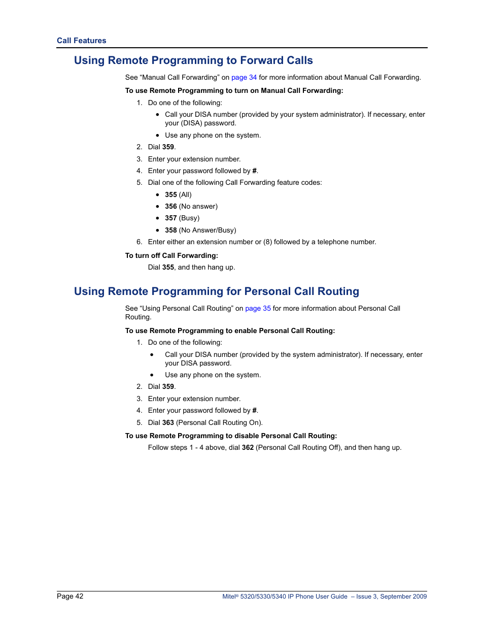 Using remote programming to forward calls, Using remote programming for personal call routing | Mitel 5320 User Manual | Page 56 / 84