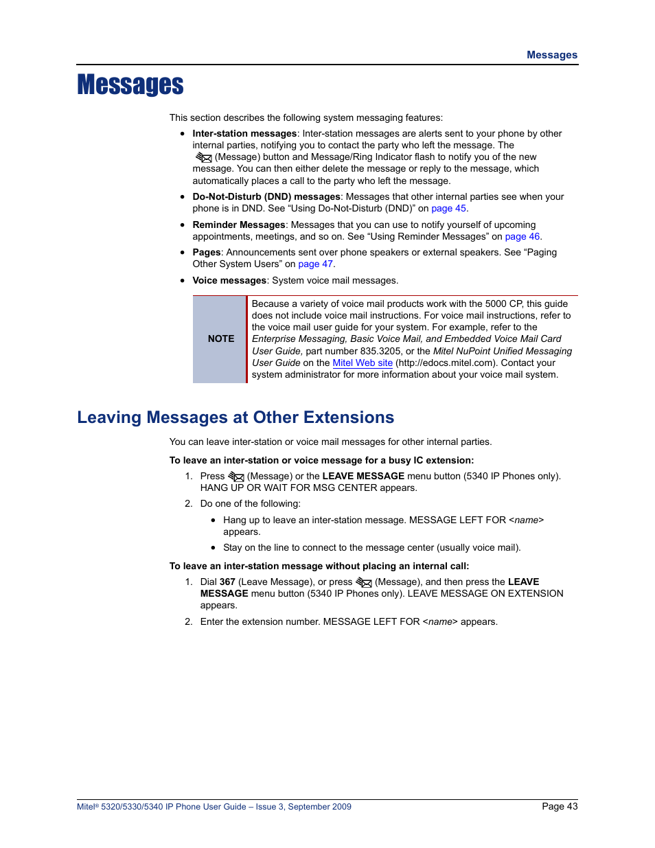 Messages, Leaving messages at other extensions, E “messages” on | E “leaving messages at other extensions” on | Mitel 5320 User Manual | Page 57 / 84