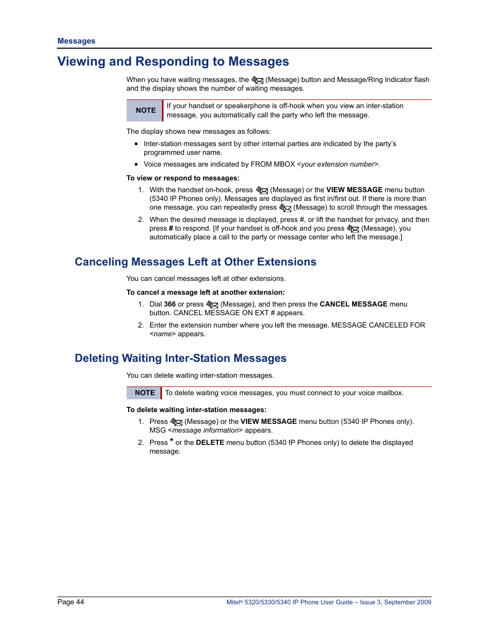 Viewing and responding to messages, Canceling messages left at other extensions, Deleting waiting inter-station messages | Mitel 5320 User Manual | Page 58 / 84