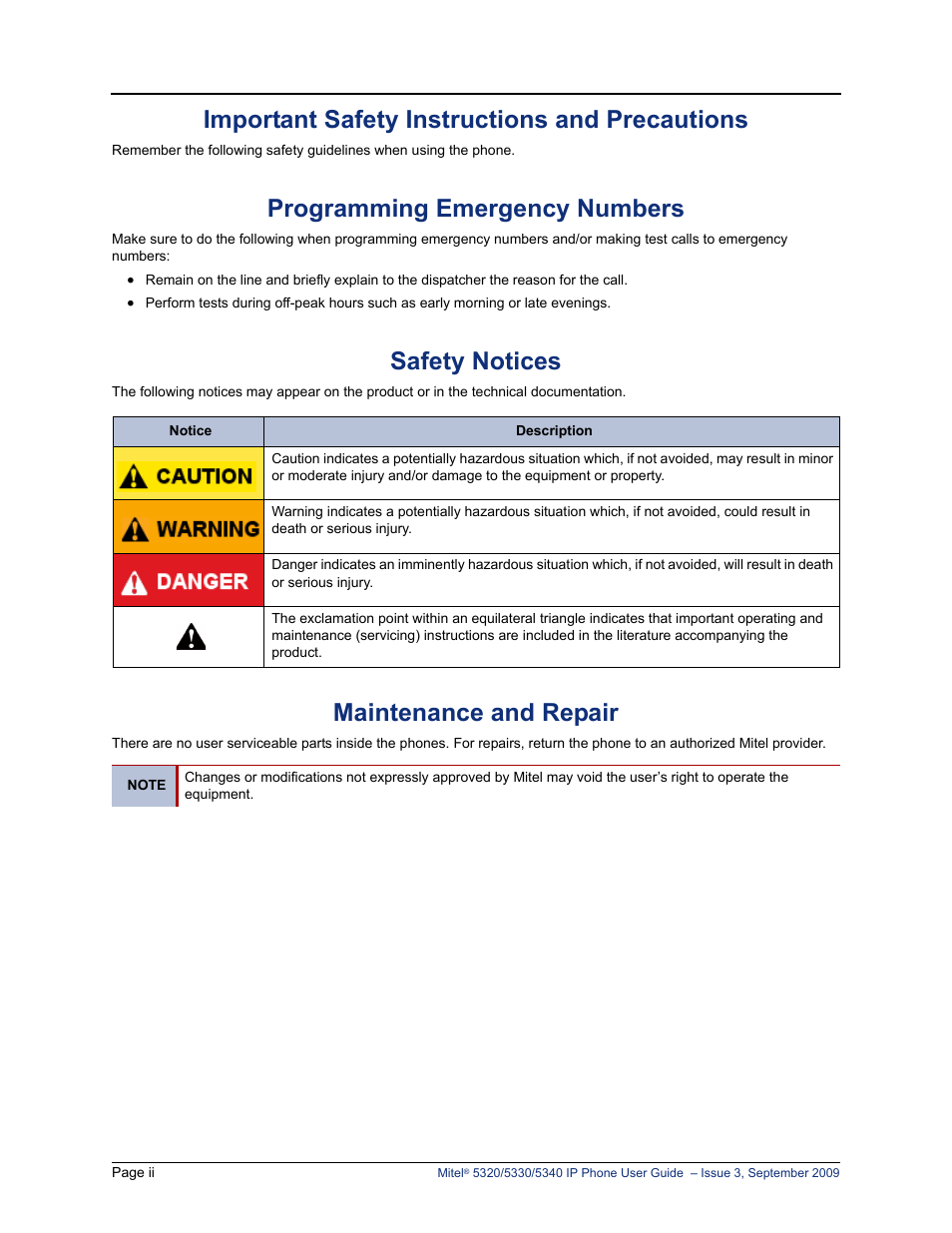 Important safety instructions and precautions, Programming emergency numbers, Safety notices | Maintenance and repair | Mitel 5320 User Manual | Page 6 / 84