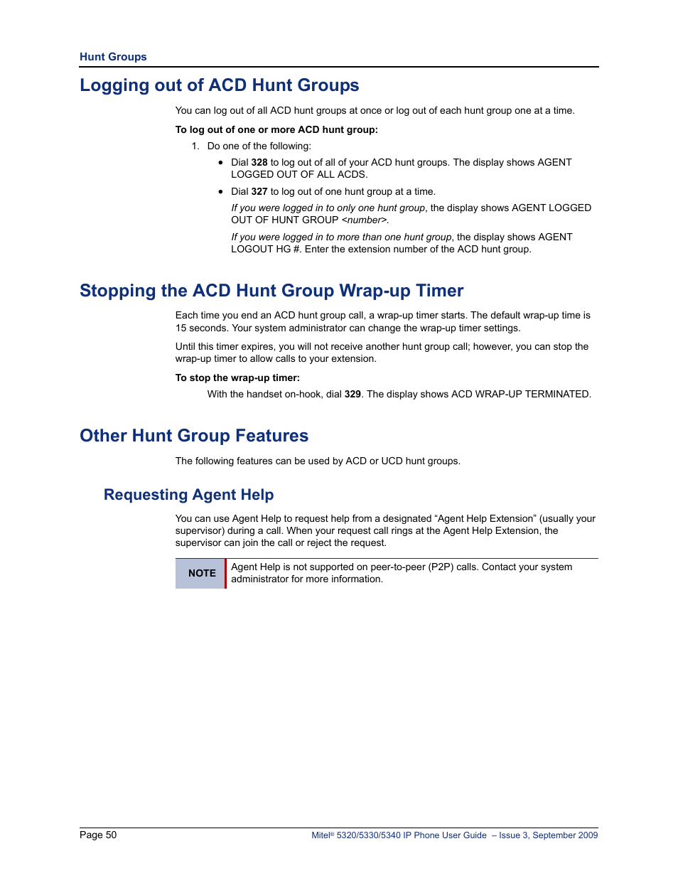 Logging out of acd hunt groups, Stopping the acd hunt group wrap-up timer, Other hunt group features | Requesting agent help | Mitel 5320 User Manual | Page 64 / 84