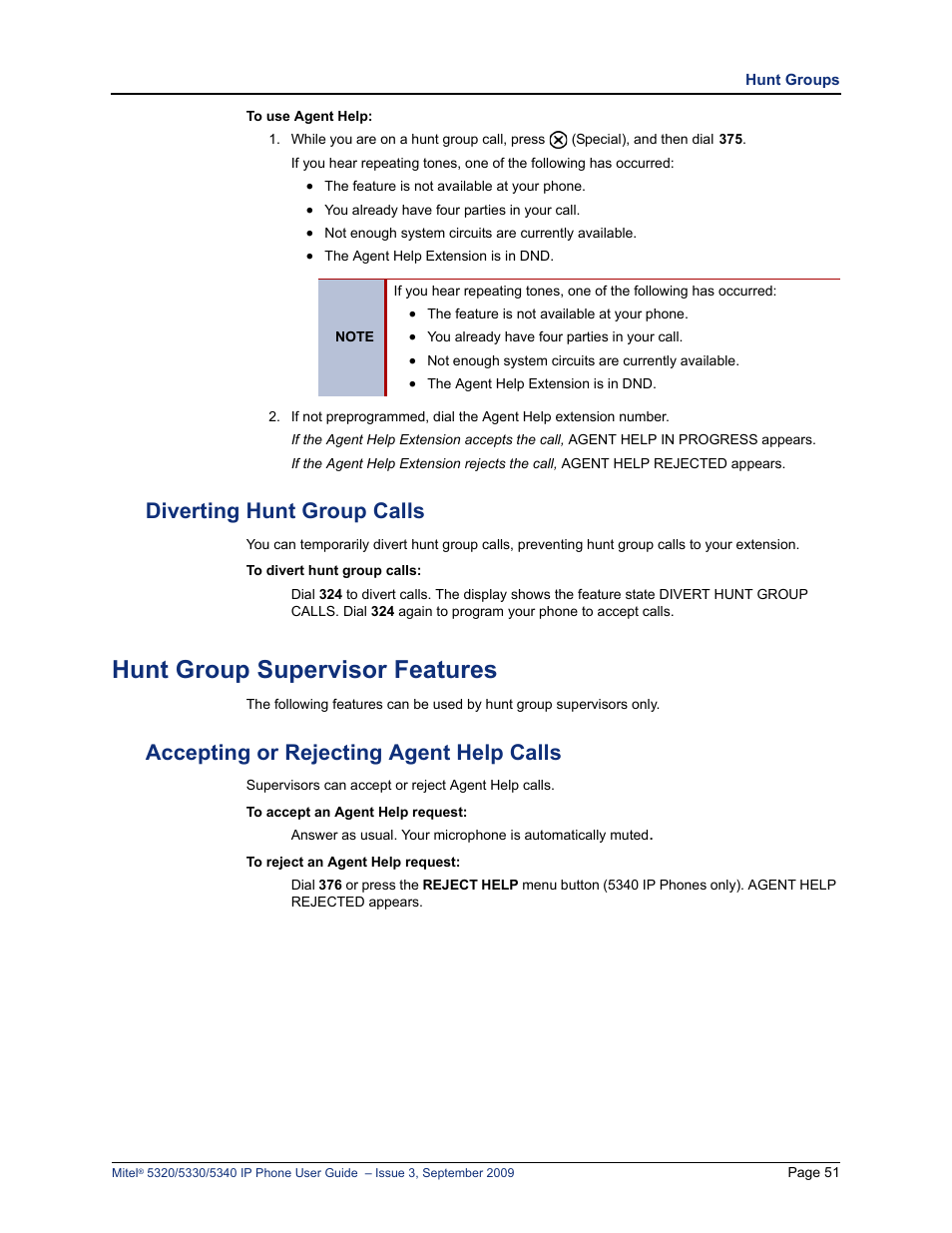 Diverting hunt group calls, Hunt group supervisor features, Accepting or rejecting agent help calls | Mitel 5320 User Manual | Page 65 / 84