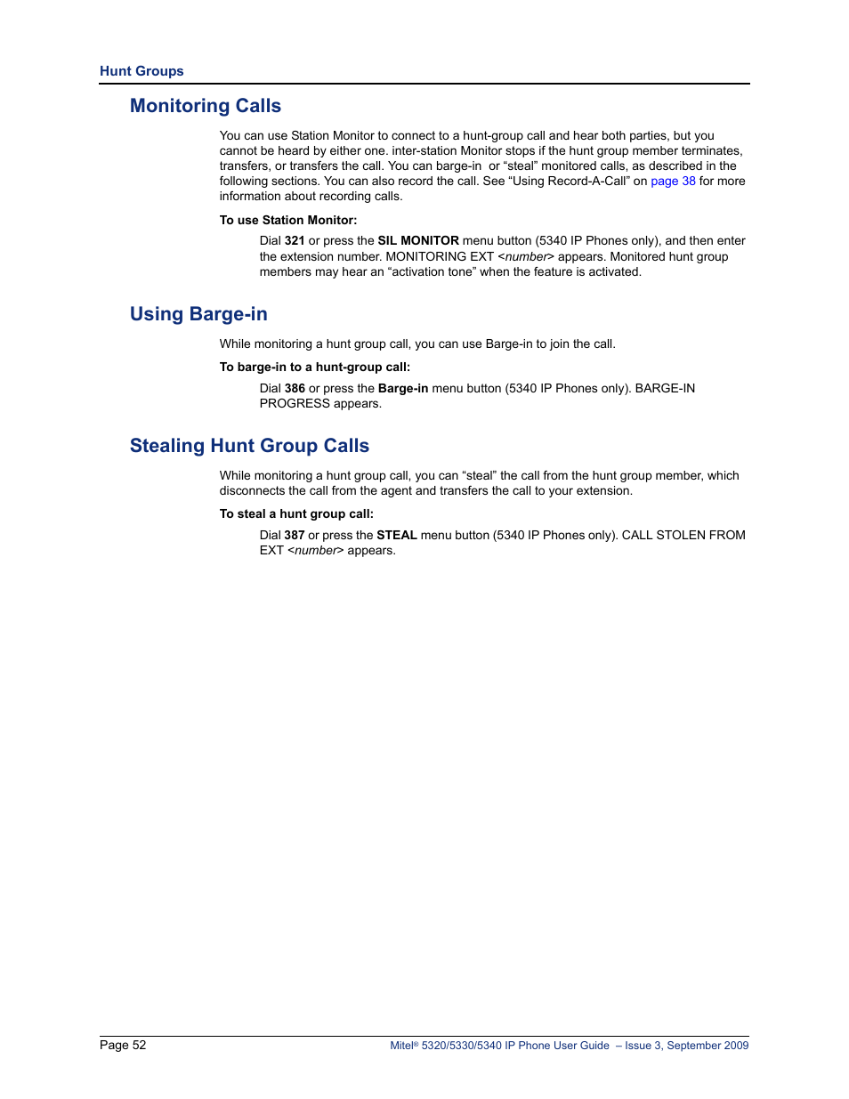 Monitoring calls, Using barge-in, Stealing hunt group calls | Mitel 5320 User Manual | Page 66 / 84