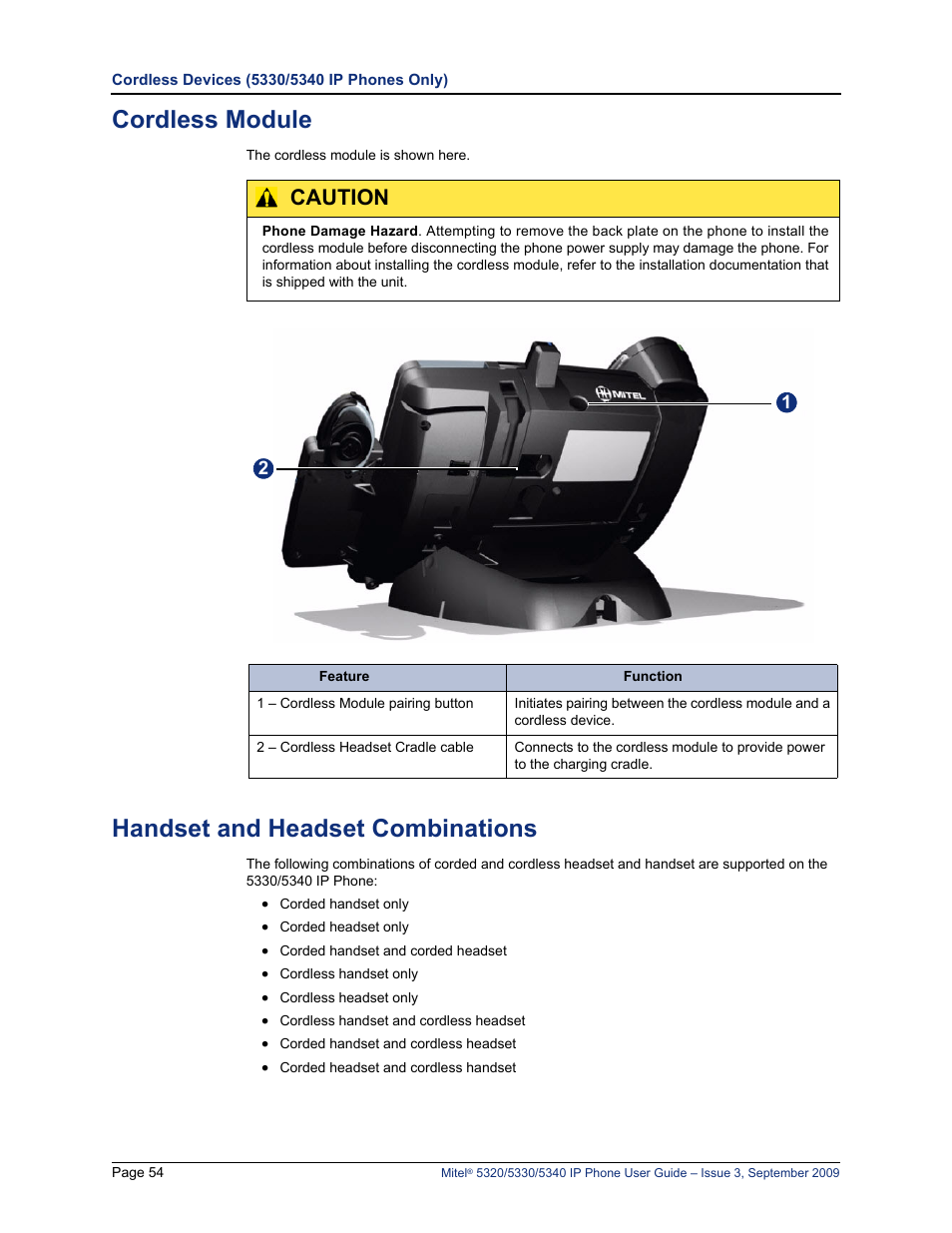 Cordless module, Handset and headset combinations, Caution | Mitel 5320 User Manual | Page 68 / 84