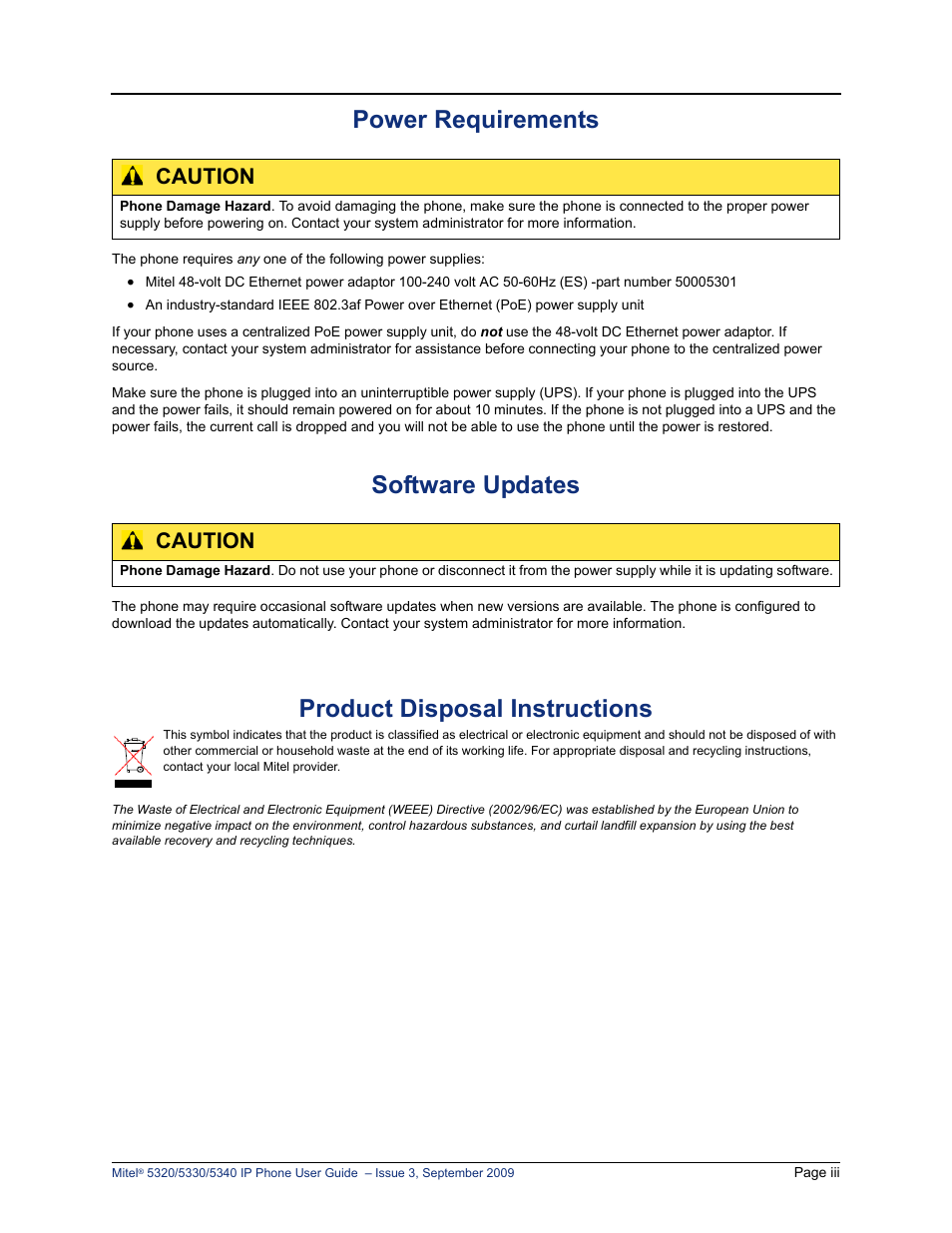 Power requirements, Software updates, Product disposal instructions | Caution | Mitel 5320 User Manual | Page 7 / 84