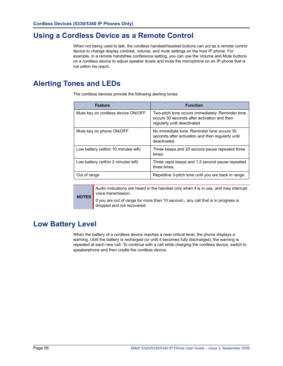 Using a cordless device as a remote control, Alerting tones and leds, Low battery level | Mitel 5320 User Manual | Page 70 / 84