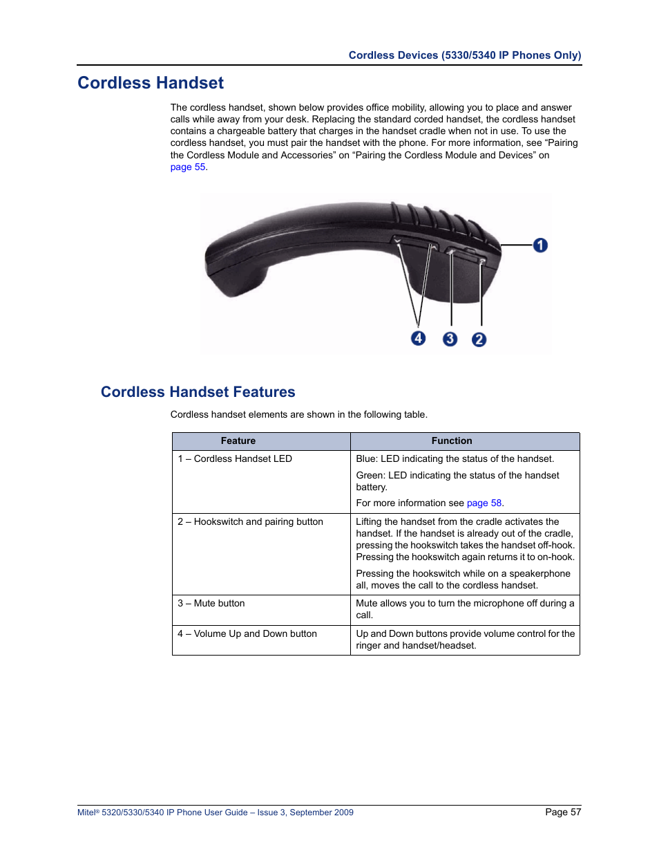 Cordless handset, Cordless handset features | Mitel 5320 User Manual | Page 71 / 84