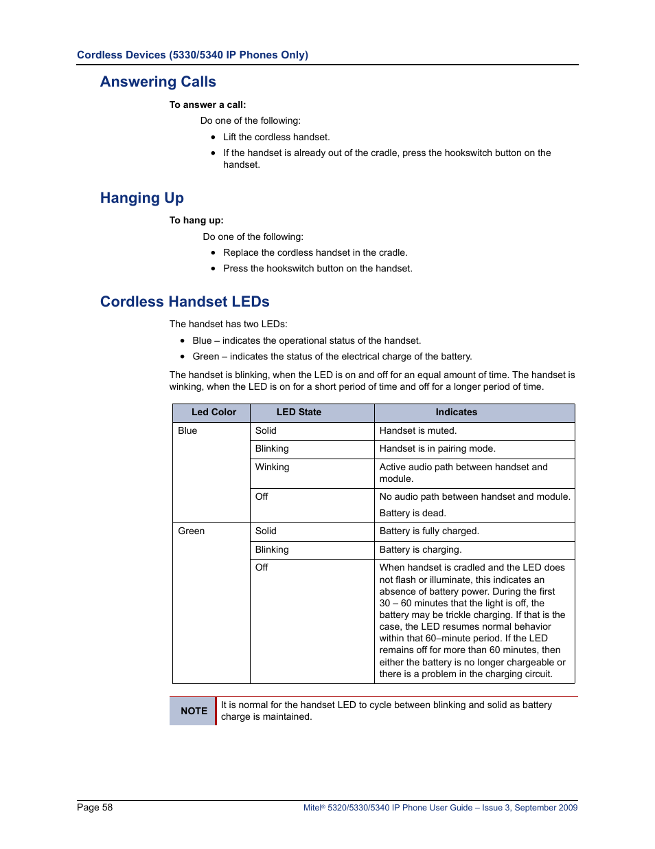 Answering calls, Hanging up, Cordless handset leds | Answering calls hanging up cordless handset leds, Re information see | Mitel 5320 User Manual | Page 72 / 84