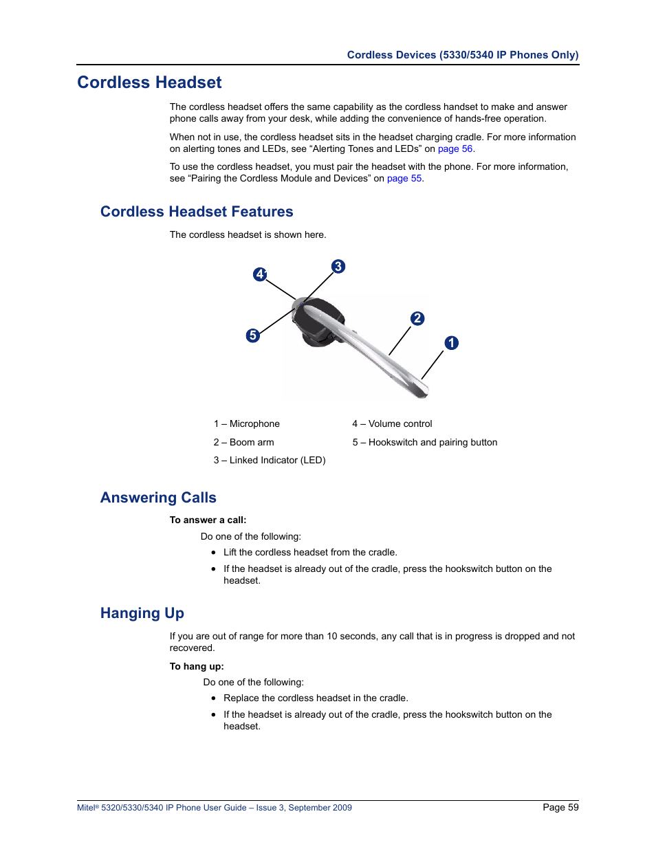 Cordless headset, Cordless headset features, Answering calls | Hanging up | Mitel 5320 User Manual | Page 73 / 84