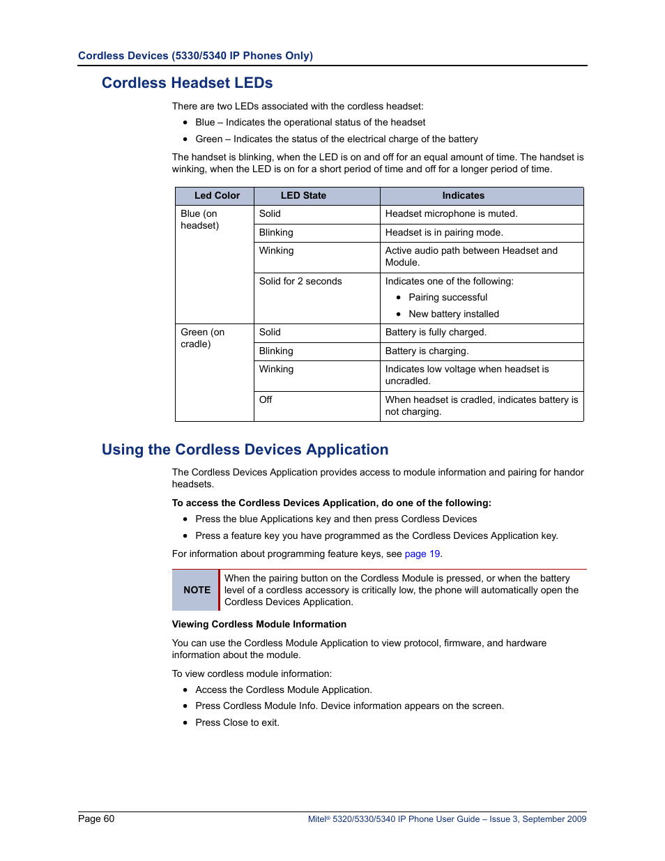 Cordless headset leds, Using the cordless devices application | Mitel 5320 User Manual | Page 74 / 84