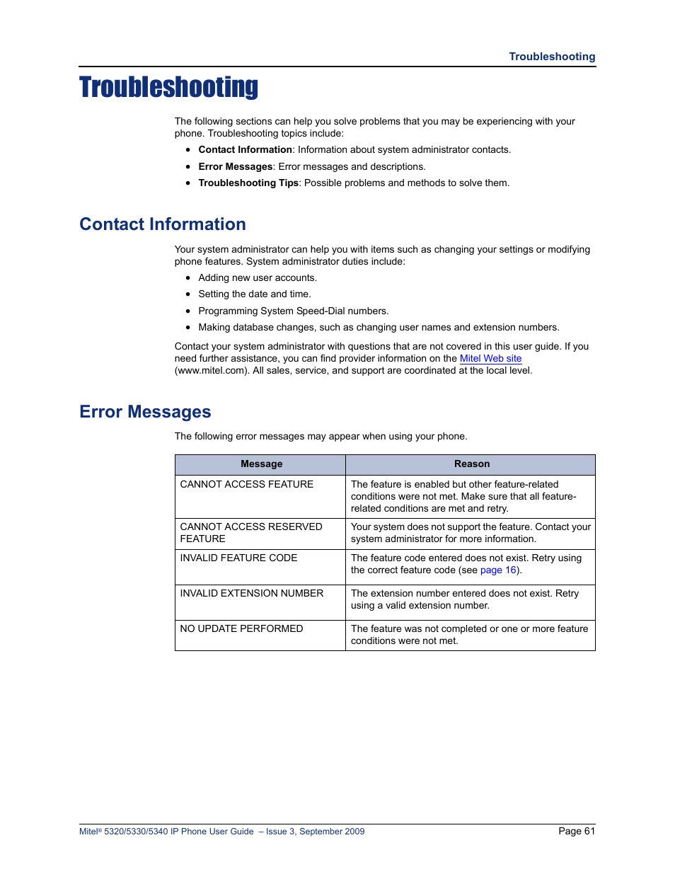 Troubleshooting, Contact information, Error messages | Mitel 5320 User Manual | Page 75 / 84