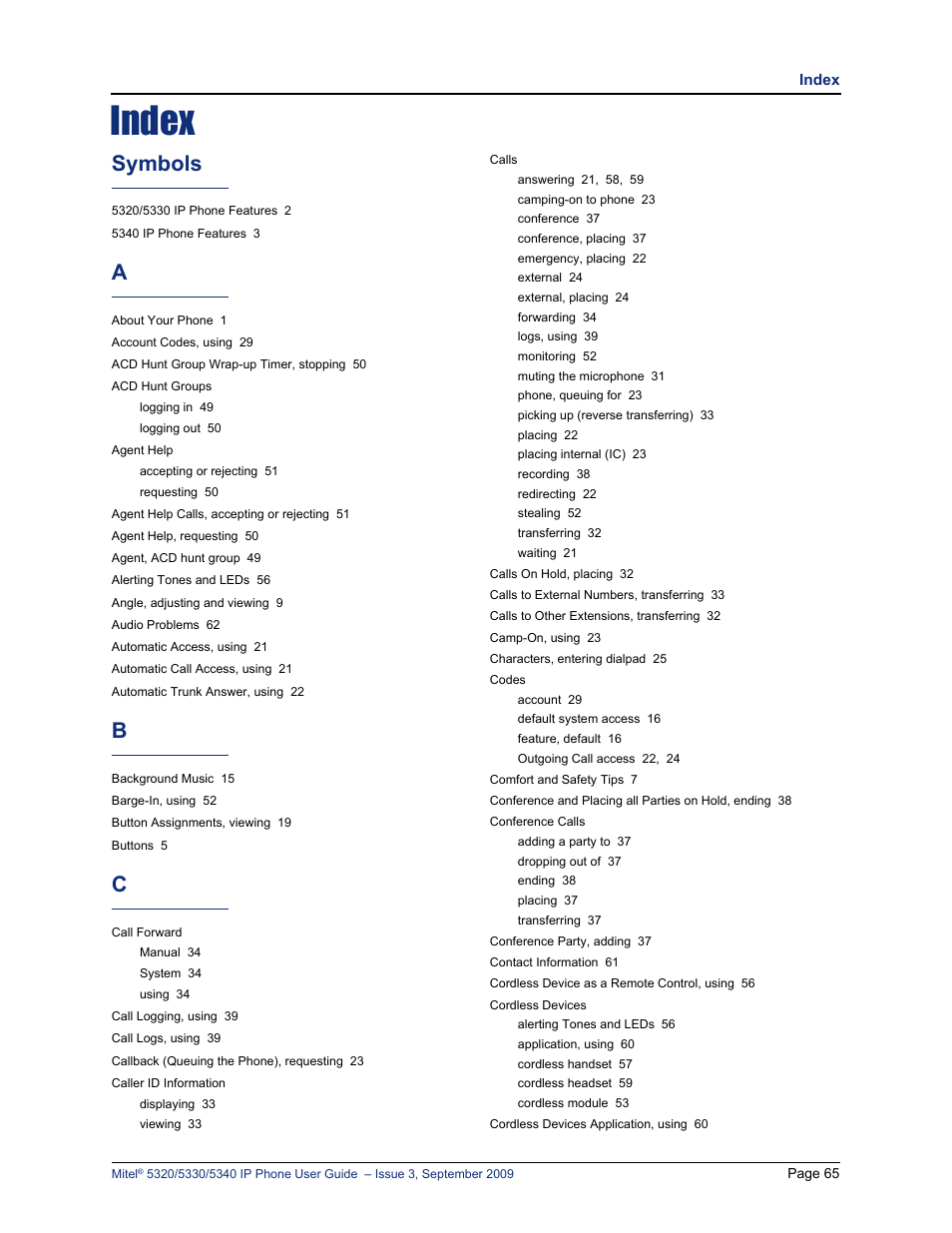 Index, Symbols | Mitel 5320 User Manual | Page 79 / 84