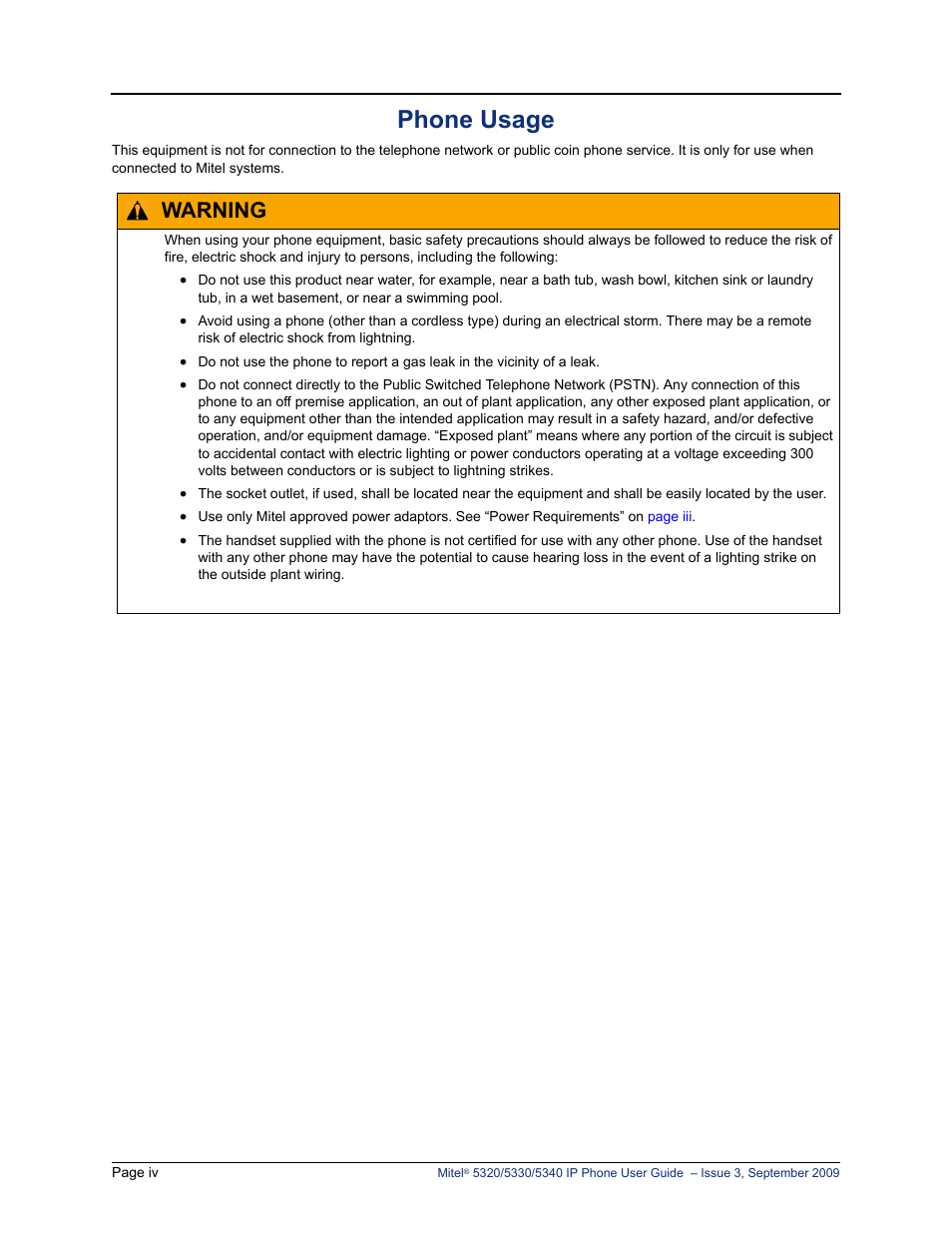 Phone usage, Warning | Mitel 5320 User Manual | Page 8 / 84