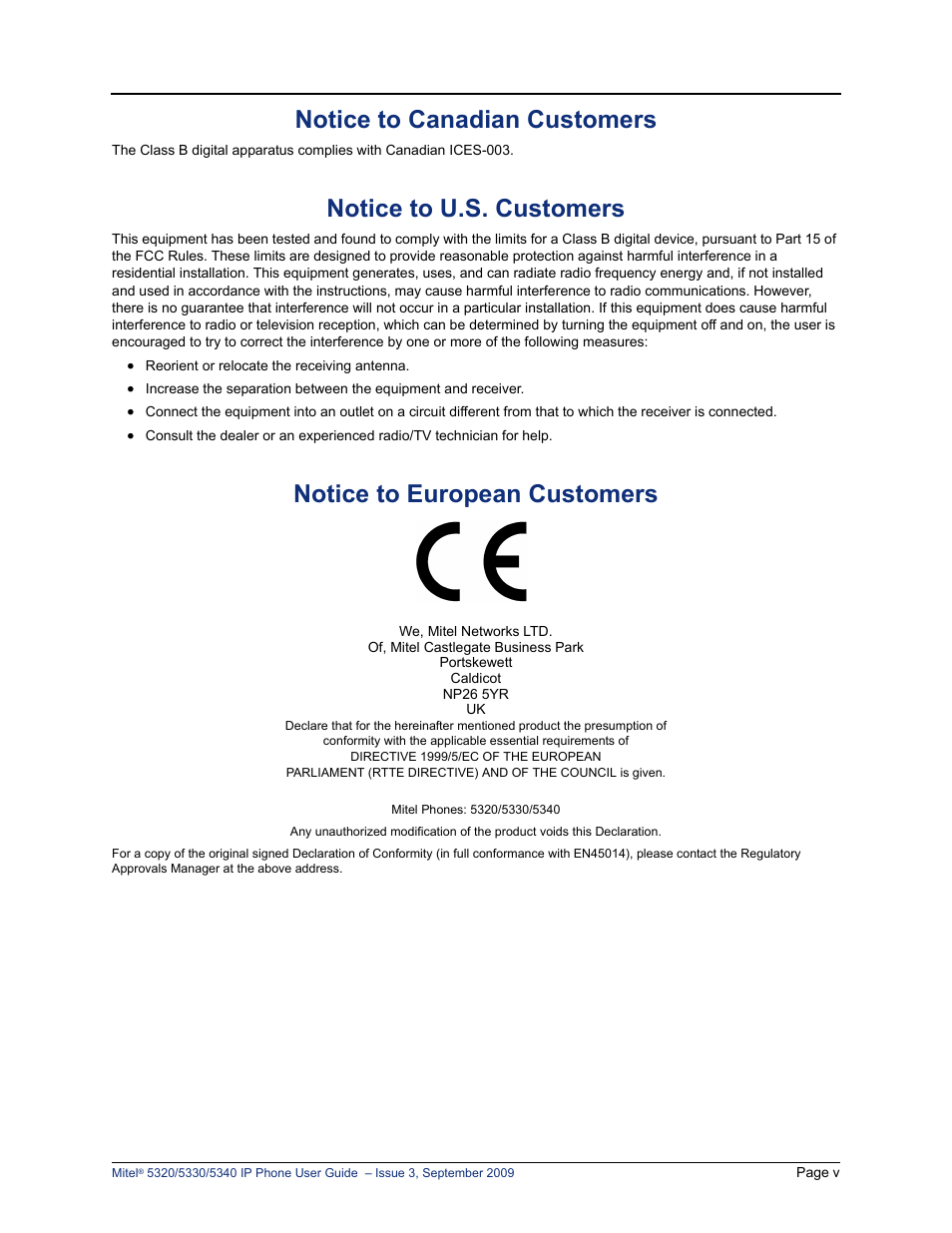 Notice to canadian customers, Notice to u.s. customers, Notice to european customers | Mitel 5320 User Manual | Page 9 / 84