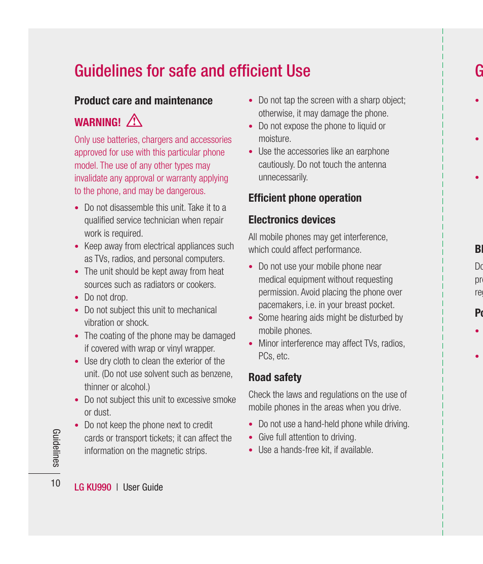 Guidelines for safe and efﬁ cient use g, Product care and maintenance warning, Efﬁ cient phone operation electronics devices | Road safety | Mitel KU990 User Manual | Page 10 / 104
