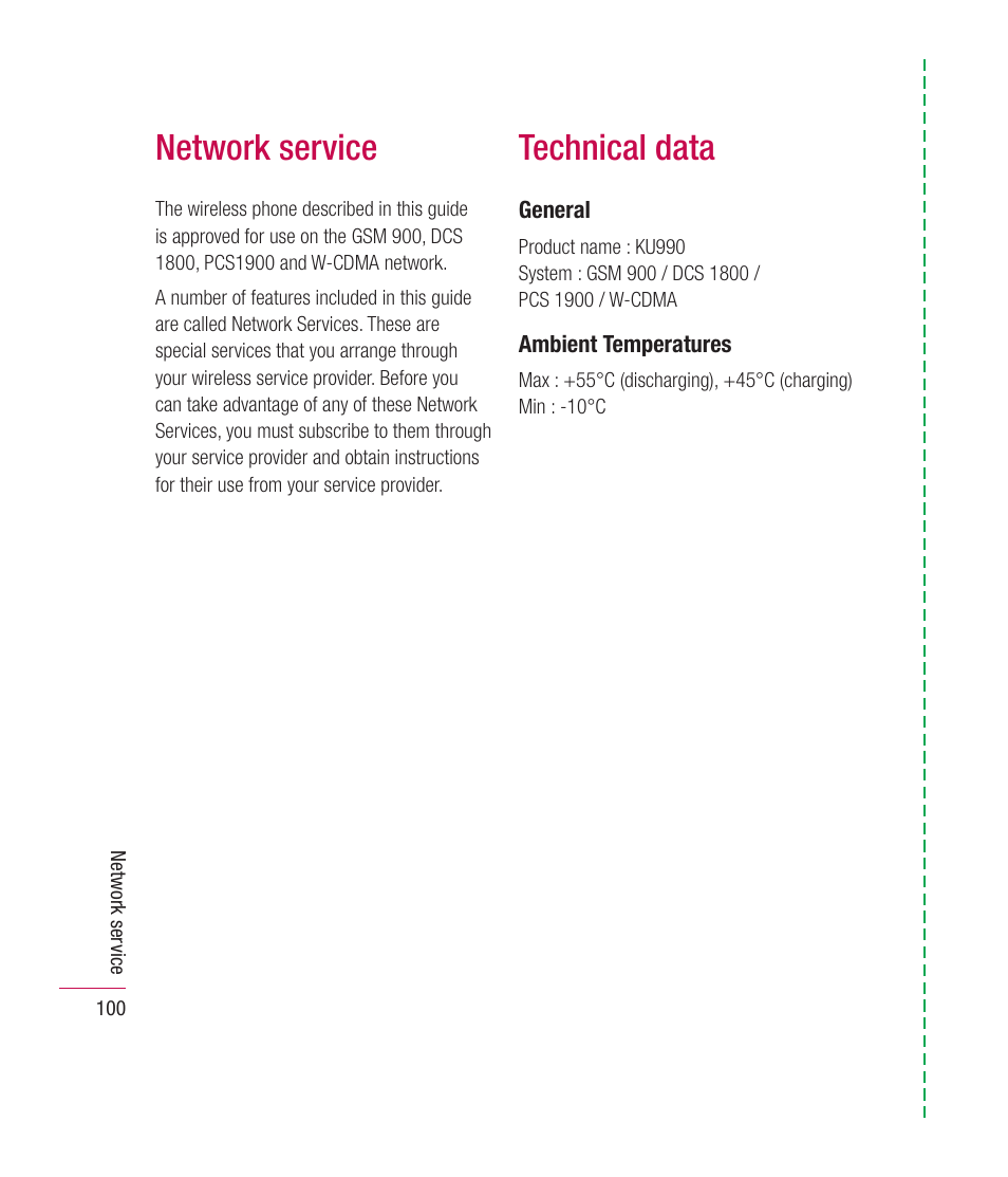 Technical data, Network service | Mitel KU990 User Manual | Page 100 / 104