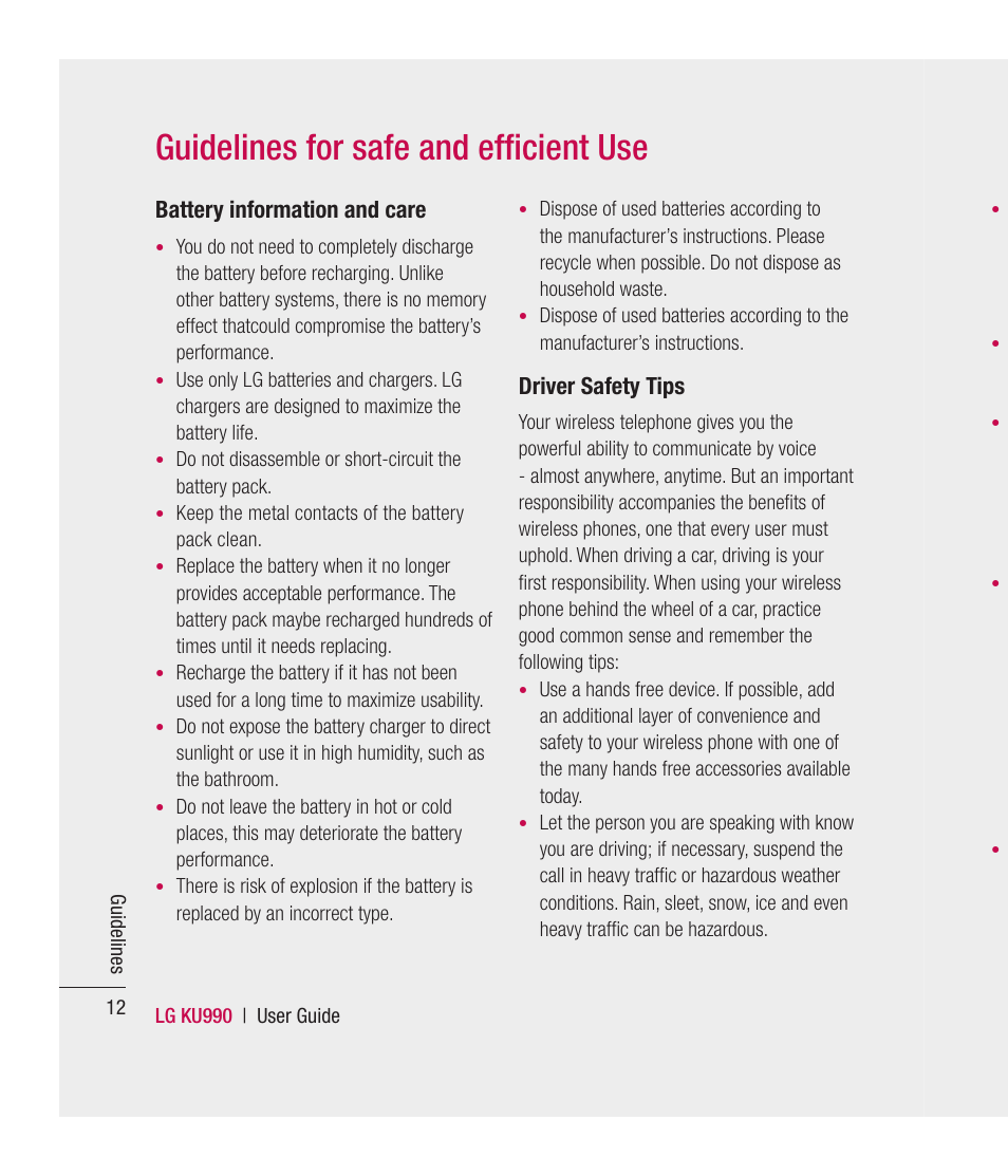 Guidelines for safe and efﬁ cient use, Battery information and care, Driver safety tips | Mitel KU990 User Manual | Page 12 / 104