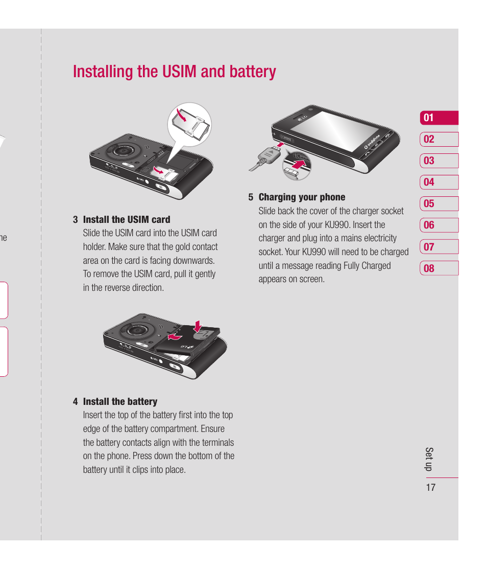Installing the usim and battery | Mitel KU990 User Manual | Page 17 / 104
