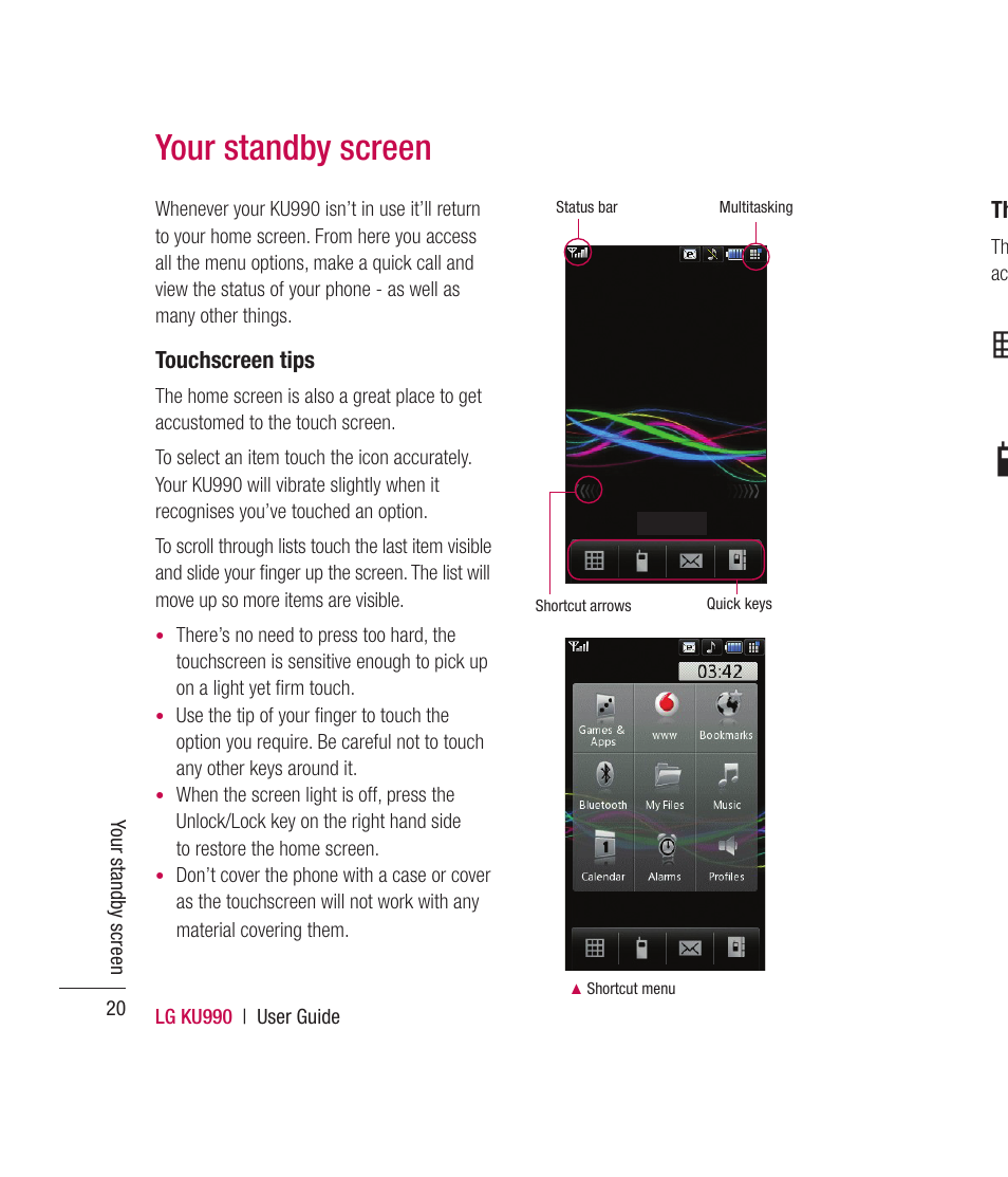 Your standby screen, Touchscreen tips | Mitel KU990 User Manual | Page 20 / 104
