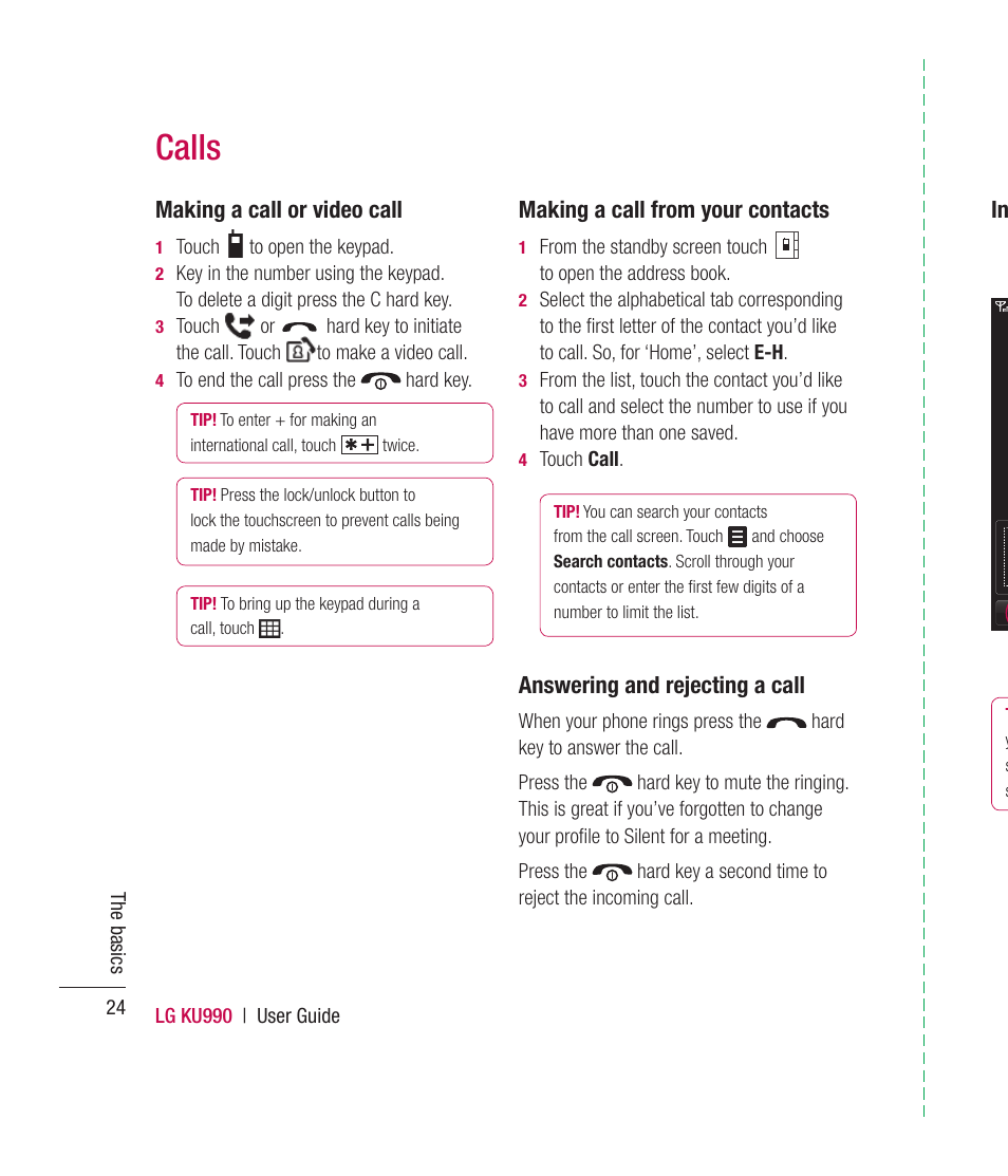 Calls, Making a call or video call, Making a call from your contacts | Answering and rejecting a call | Mitel KU990 User Manual | Page 24 / 104