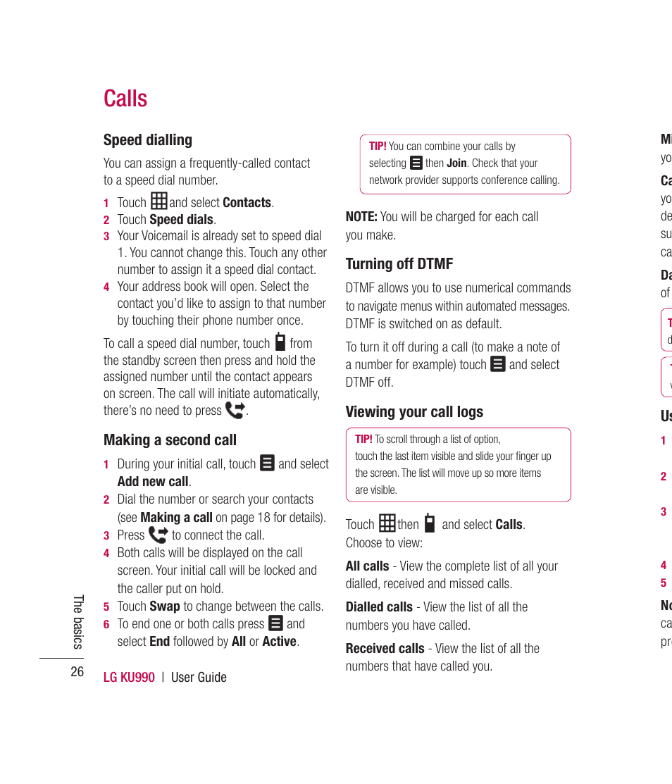 Calls, Speed dialling, Making a second call | Turning off dtmf, Viewing your call logs | Mitel KU990 User Manual | Page 26 / 104