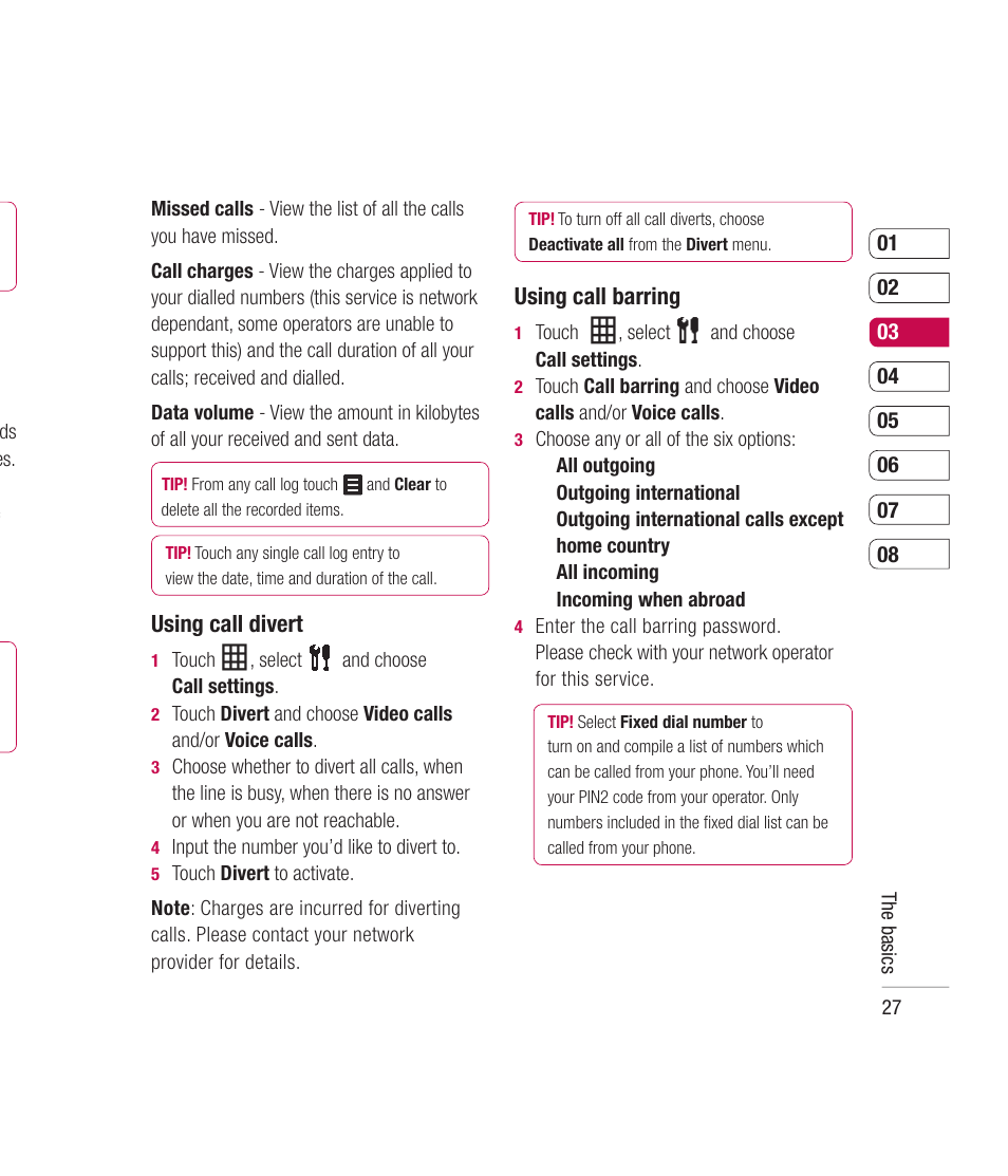 Using call divert, Using call barring | Mitel KU990 User Manual | Page 27 / 104