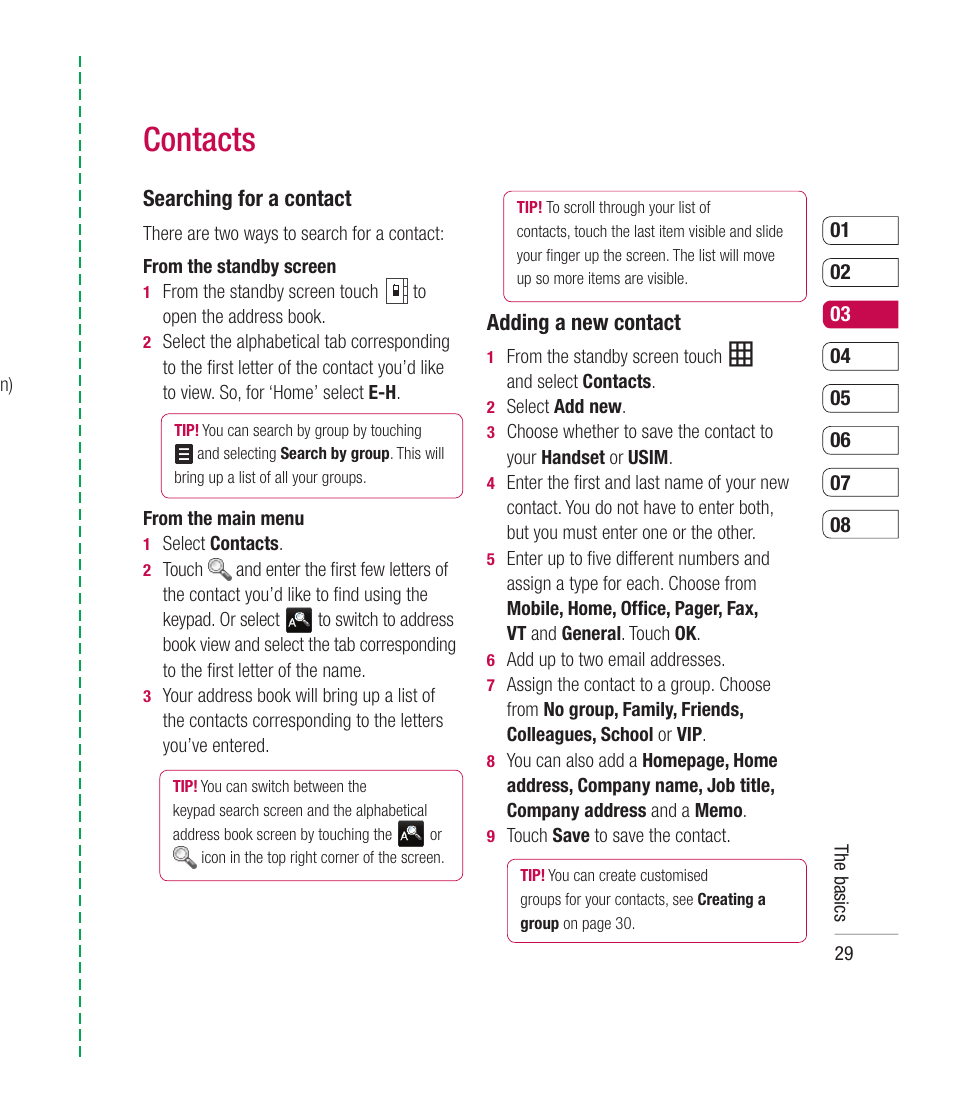 Contacts, Searching for a contact, Adding a new contact | Mitel KU990 User Manual | Page 29 / 104