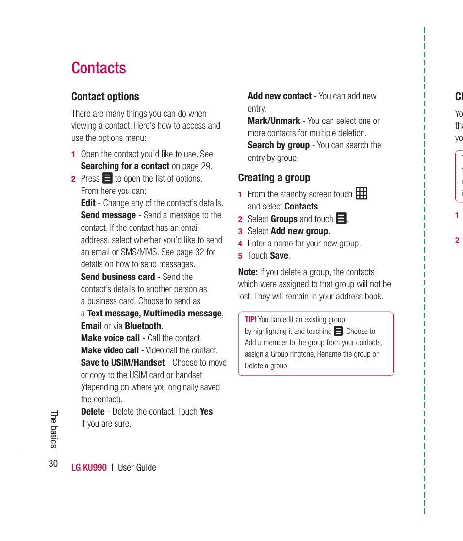 Contacts, Contact options, Creating a group | Mitel KU990 User Manual | Page 30 / 104