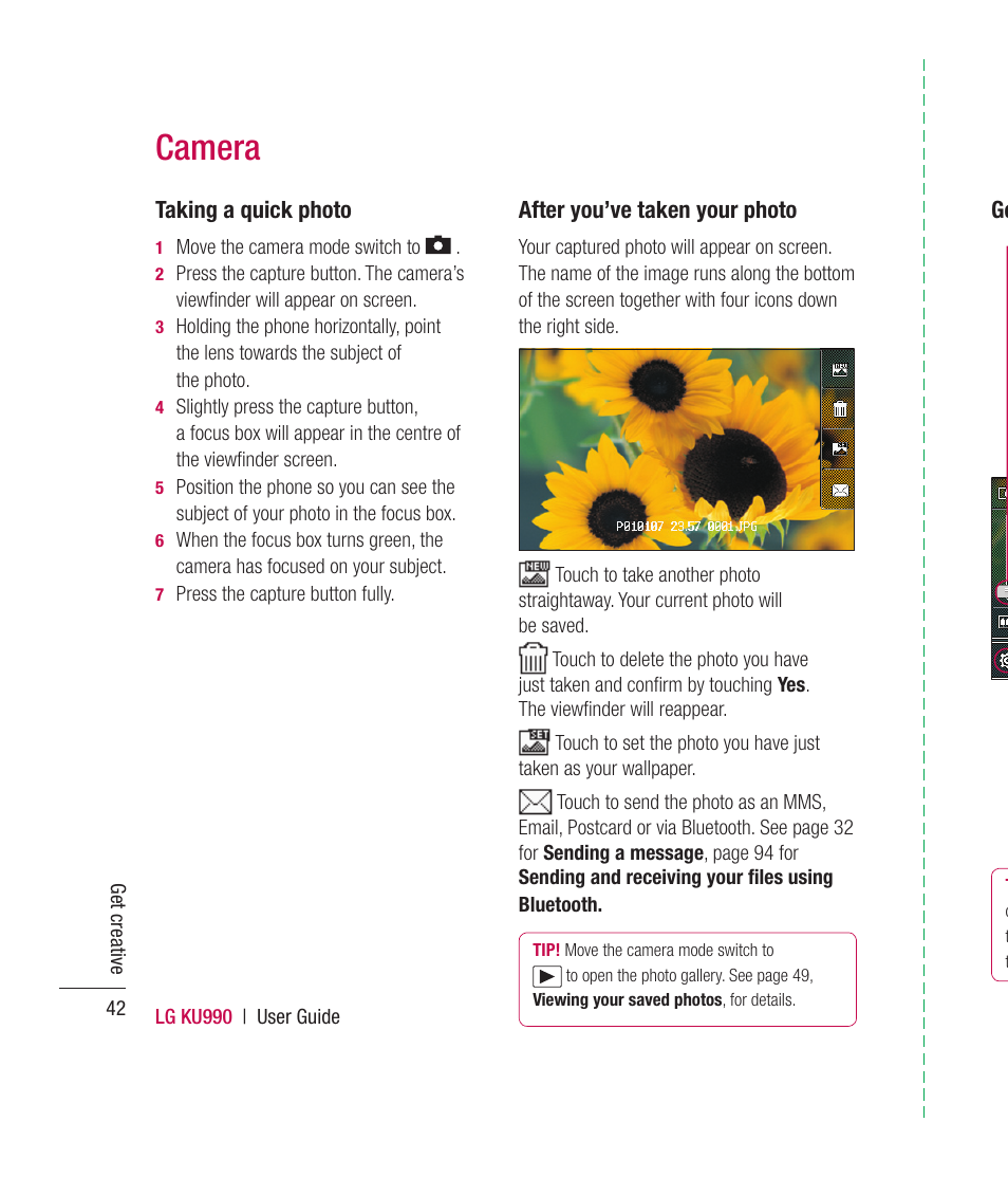 Camera, Taking a quick photo, After you’ve taken your photo | Mitel KU990 User Manual | Page 42 / 104