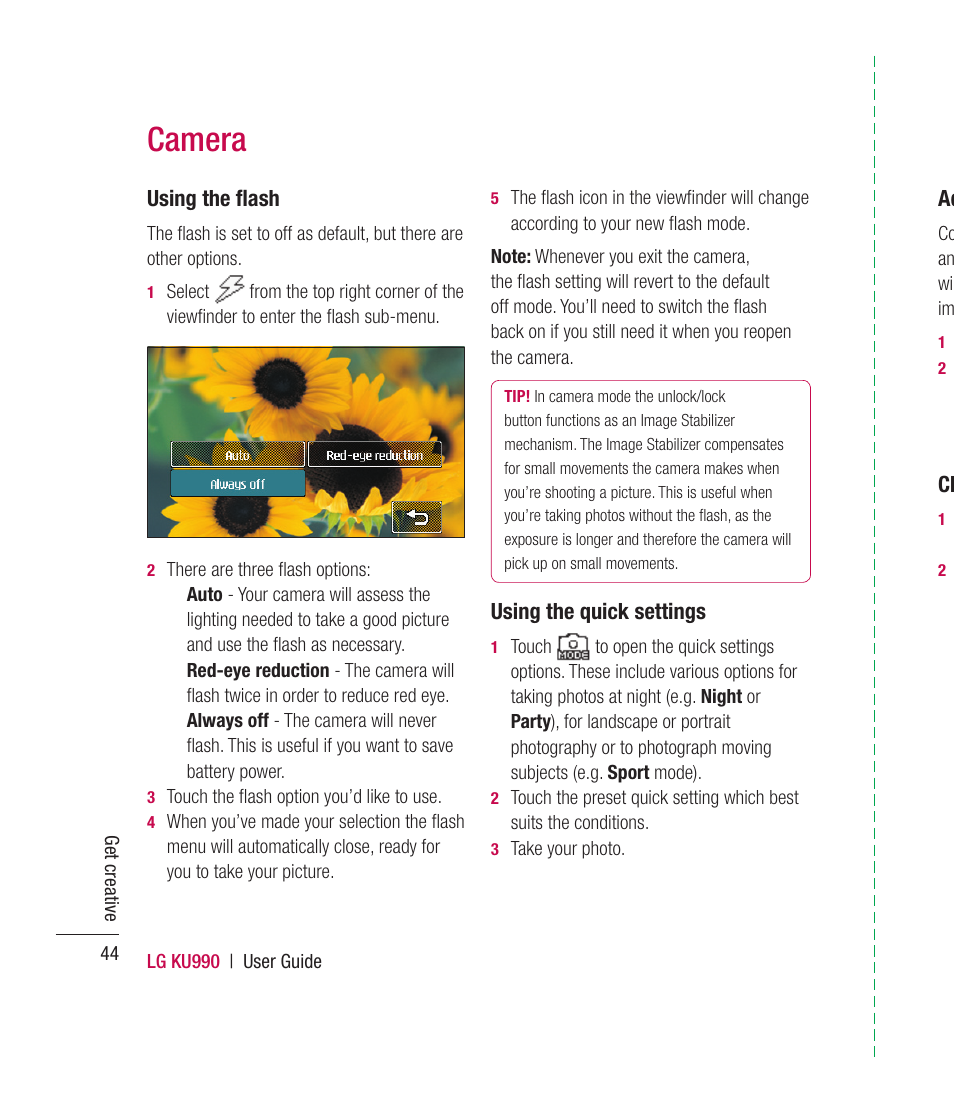 Camera, Using the ﬂ ash, Using the quick settings | Mitel KU990 User Manual | Page 44 / 104