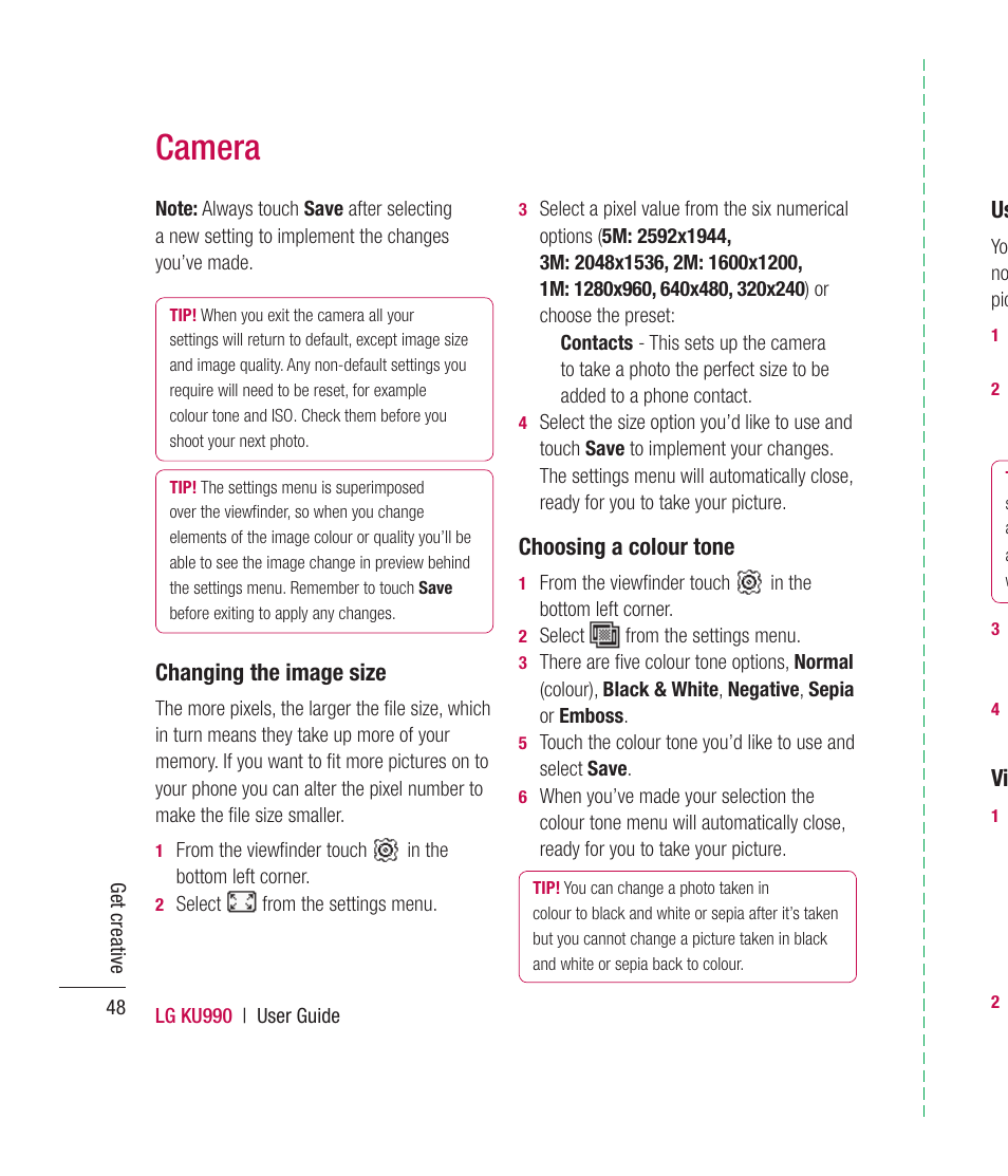 Camera, Changing the image size, Choosing a colour tone | Mitel KU990 User Manual | Page 48 / 104