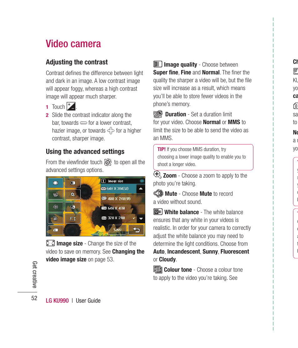 Video camera, Adjusting the contrast, Using the advanced settings | Mitel KU990 User Manual | Page 52 / 104
