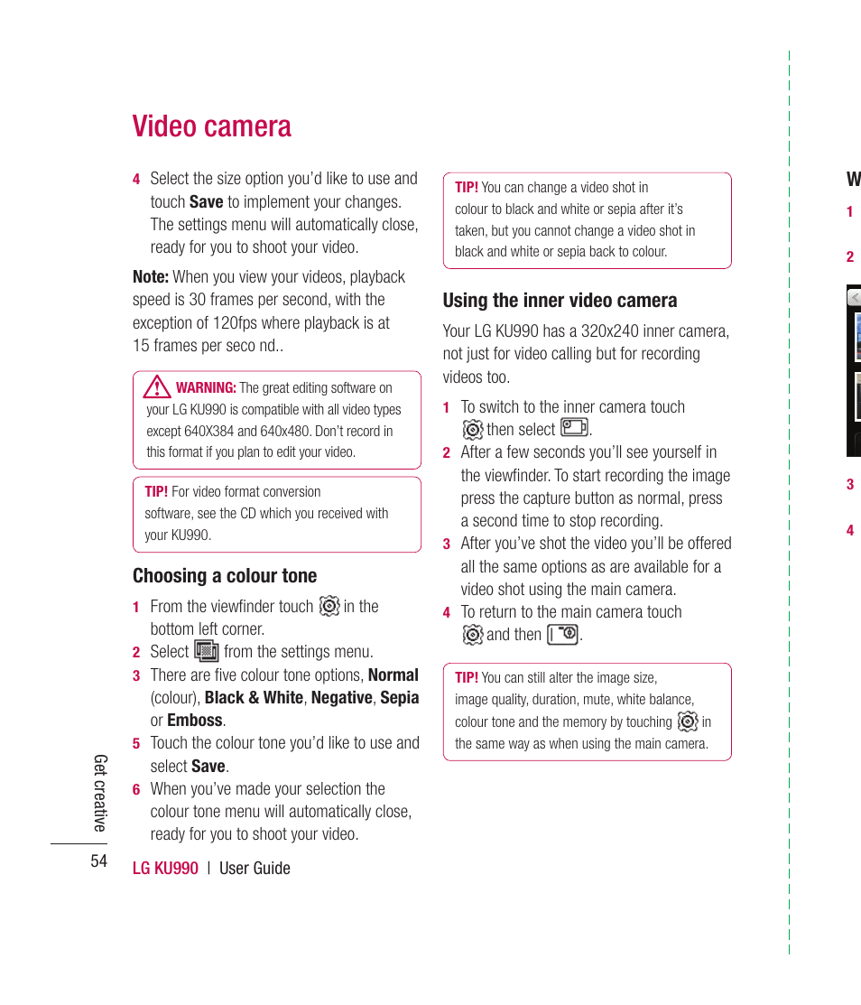 Video camera, Choosing a colour tone, Using the inner video camera | Mitel KU990 User Manual | Page 54 / 104