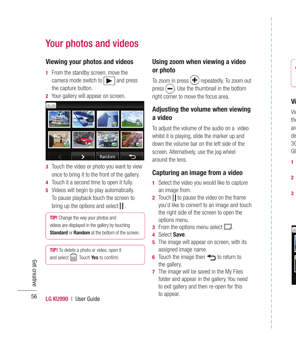 Your photos and videos, Viewing your photos and videos, Using zoom when viewing a video or photo | Adjusting the volume when viewing a video, Capturing an image from a video | Mitel KU990 User Manual | Page 56 / 104