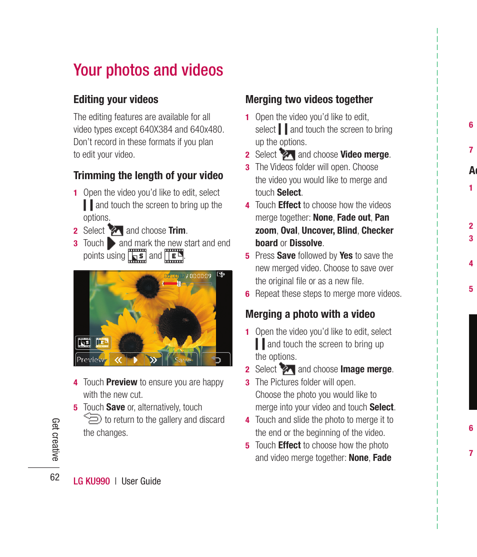 Your photos and videos, Editing your videos, Trimming the length of your video | Merging two videos together, Merging a photo with a video | Mitel KU990 User Manual | Page 62 / 104