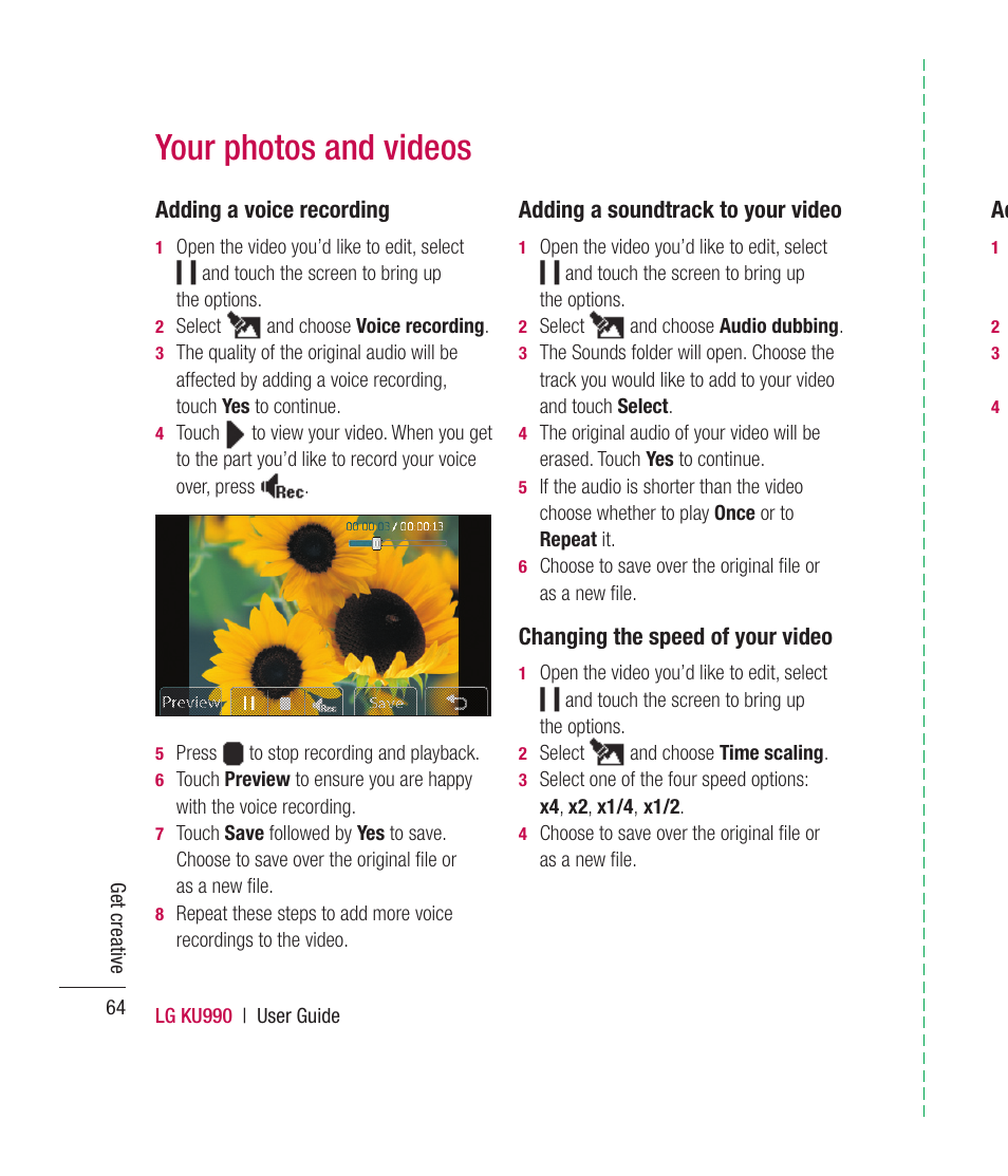 Your photos and videos, Adding a voice recording, Adding a soundtrack to your video | Changing the speed of your video | Mitel KU990 User Manual | Page 64 / 104