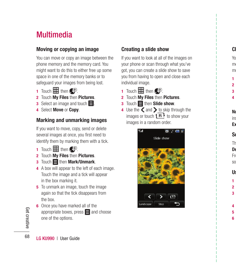 Multimedia, Moving or copying an image, Marking and unmarking images | Creating a slide show | Mitel KU990 User Manual | Page 68 / 104