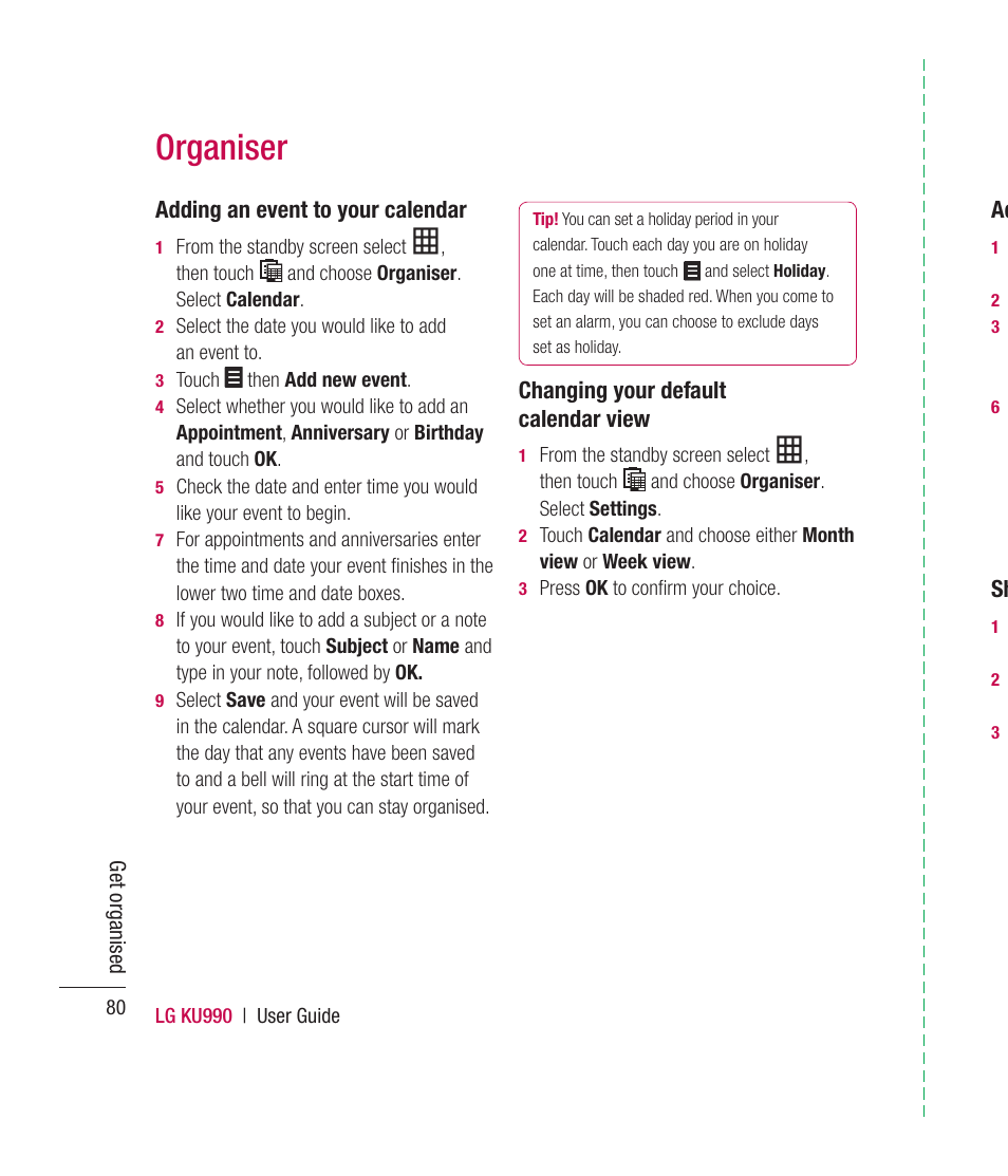 Organiser, Adding an event to your calendar, Changing your default calendar view | Mitel KU990 User Manual | Page 80 / 104