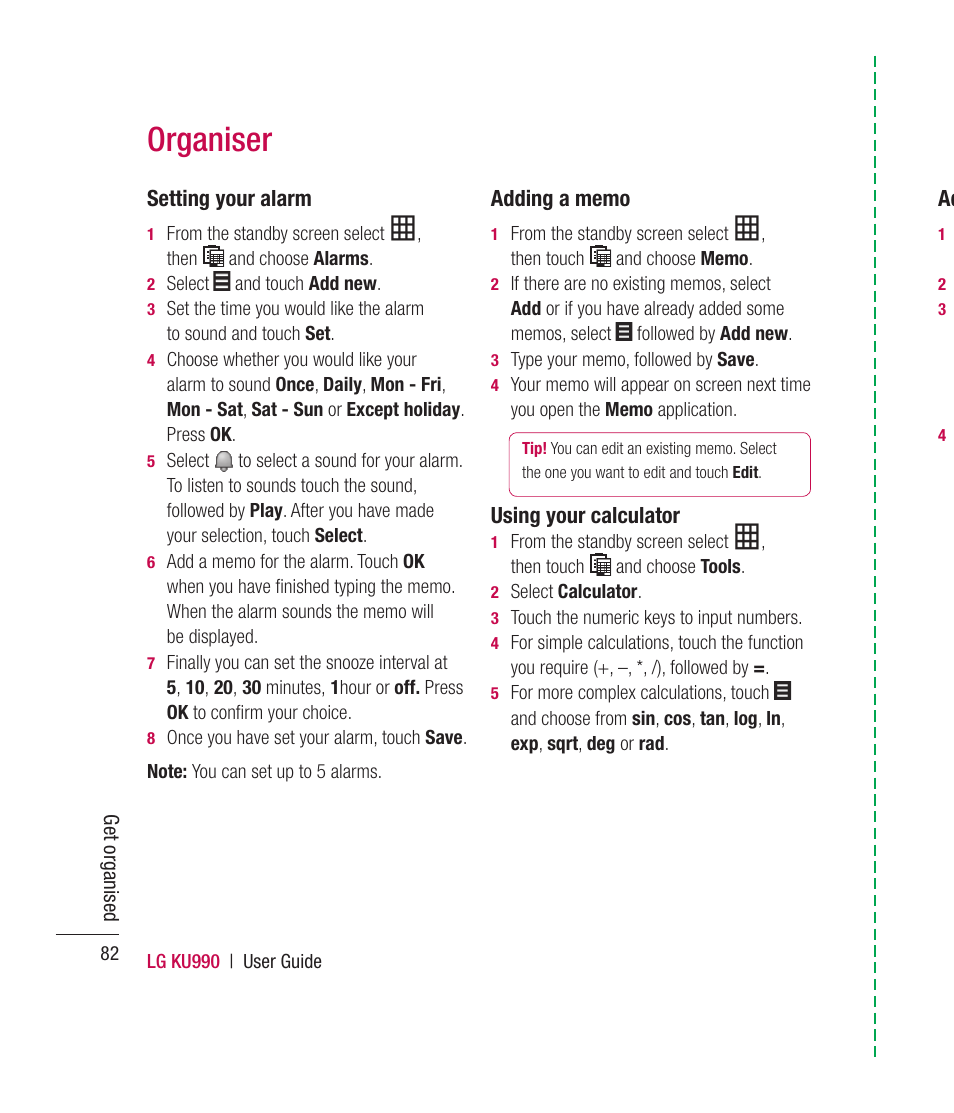Organiser, Setting your alarm, Using your calculator | Mitel KU990 User Manual | Page 82 / 104