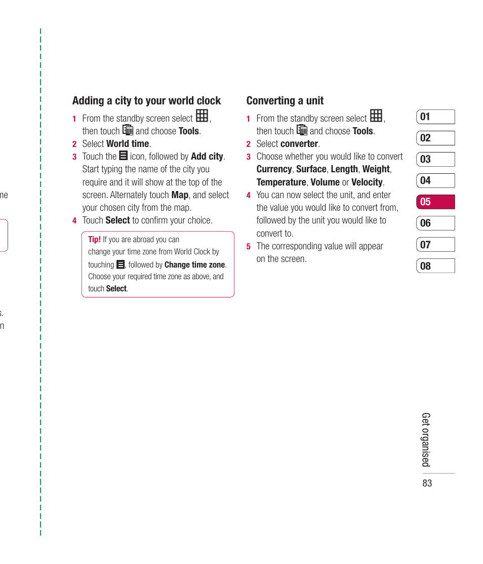 Adding a city to your world clock, Converting a unit | Mitel KU990 User Manual | Page 83 / 104