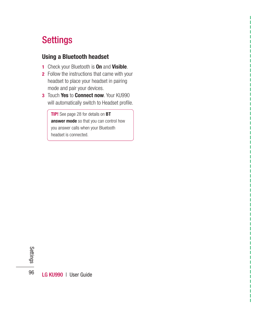 Settings | Mitel KU990 User Manual | Page 96 / 104